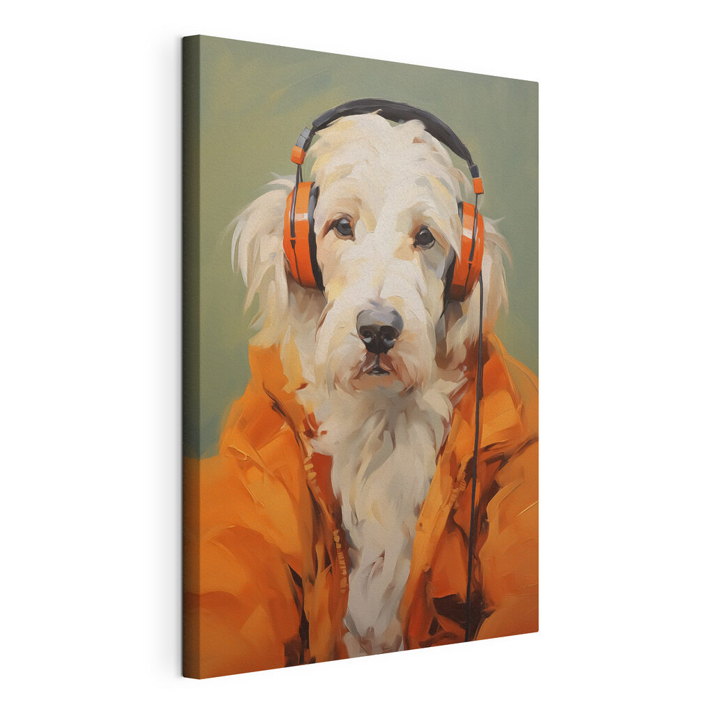 Dog wearing orange headphones