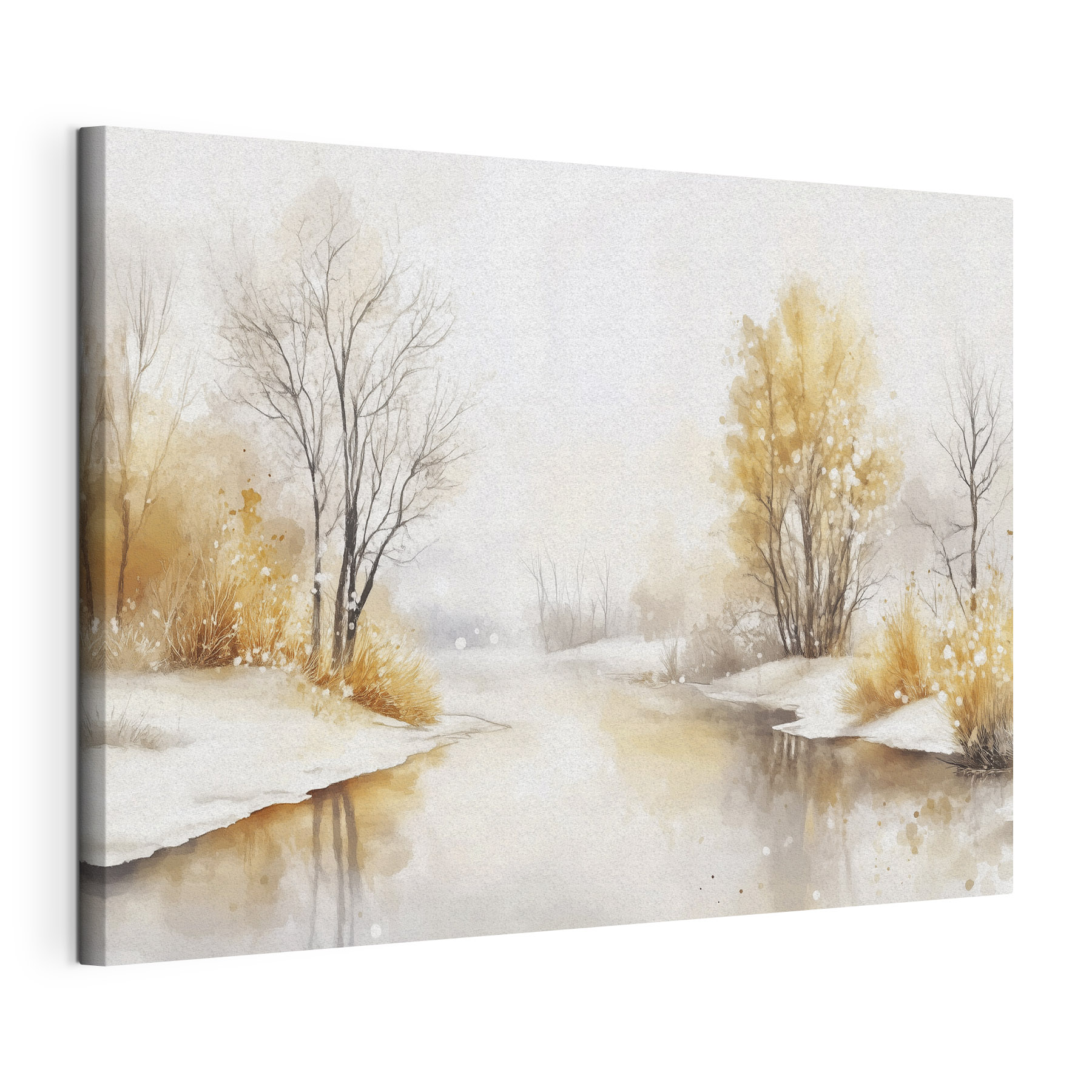 Watercolor of a river with trees and grass and snow Watercolor of a river with trees and grass and snow