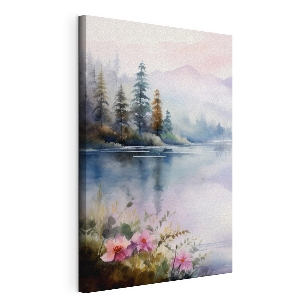 Watercolor painting of a lake with trees and flowers Watercolor painting of a lake with trees and flowers
