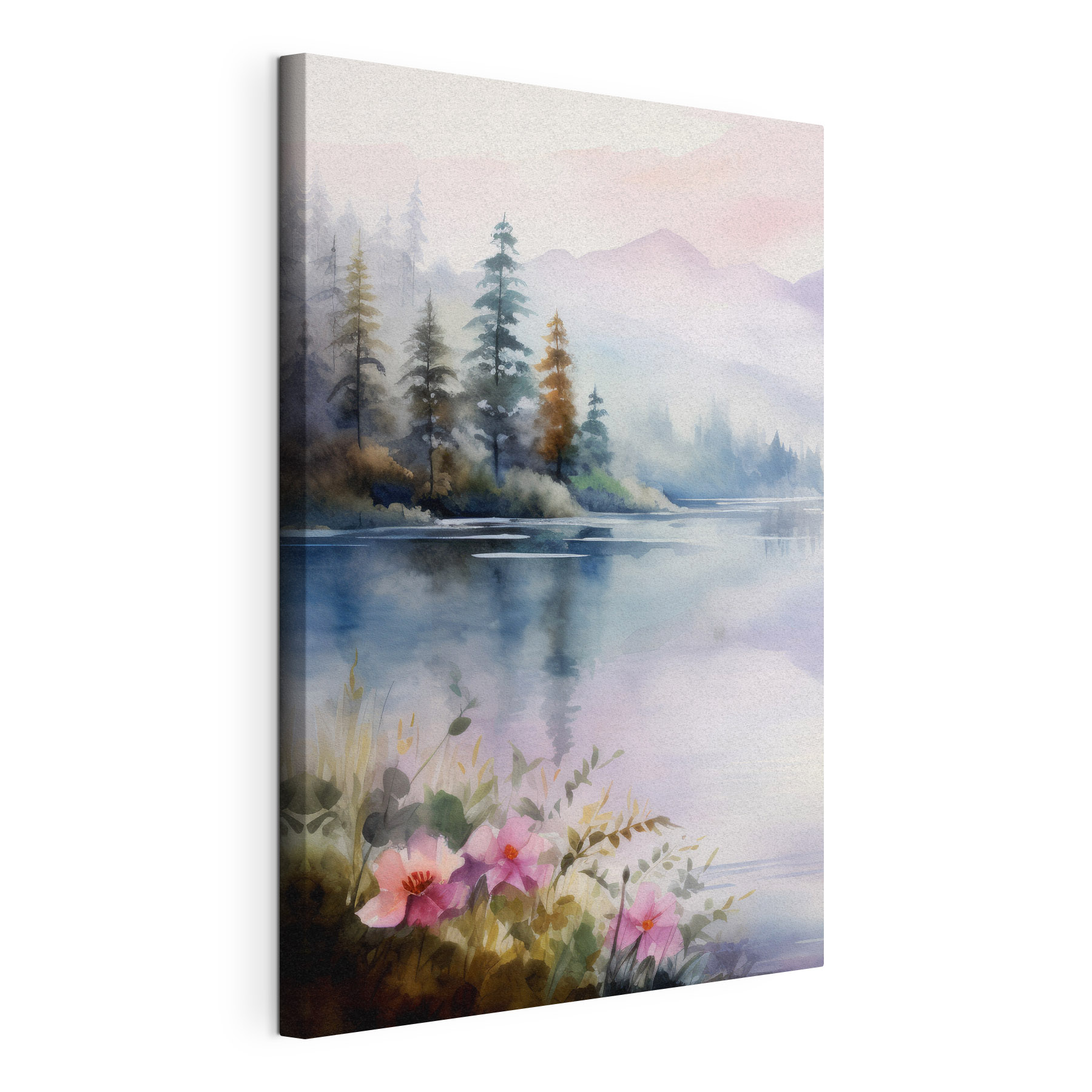 Watercolor painting of a lake with trees and flowers Watercolor painting of a lake with trees and flowers