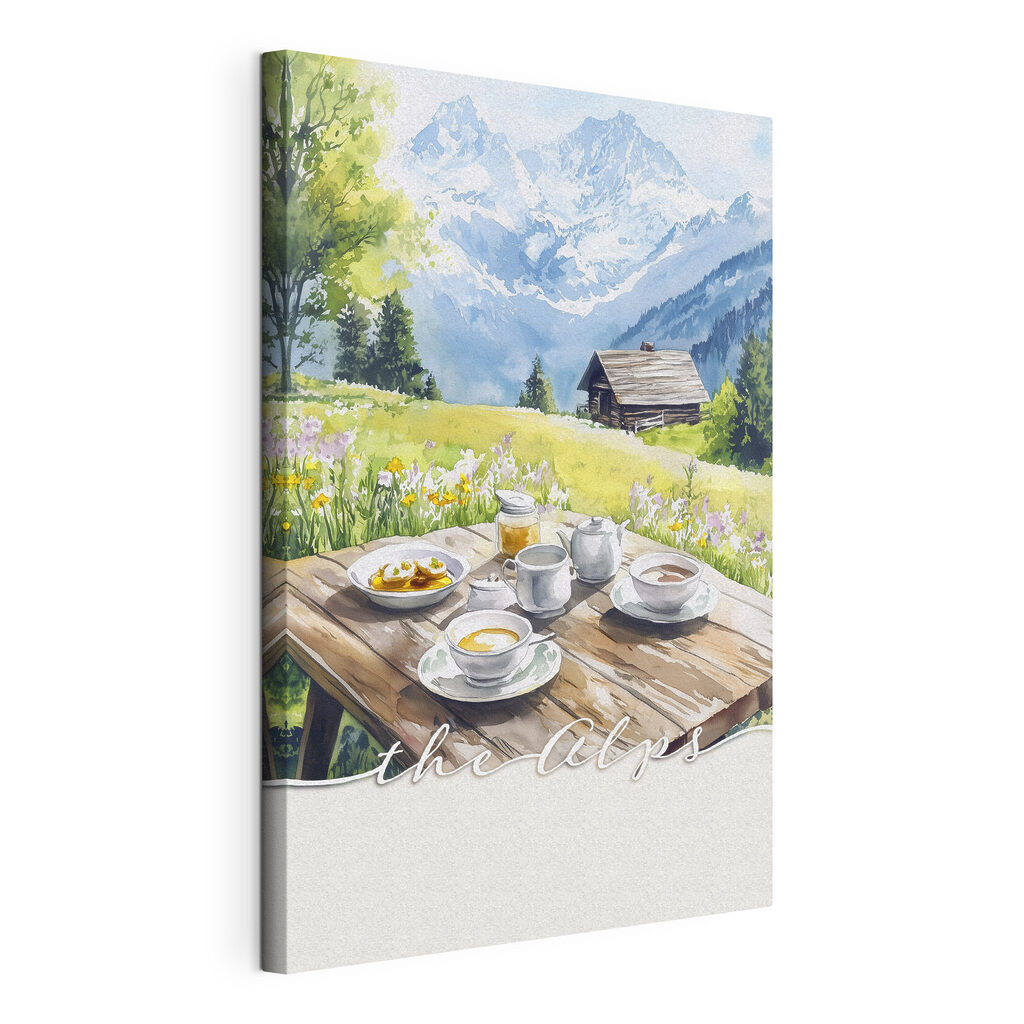 Table with food on it and a house in the background