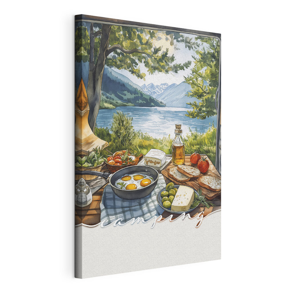Table with food on it by a lake Table with food on it by a lake