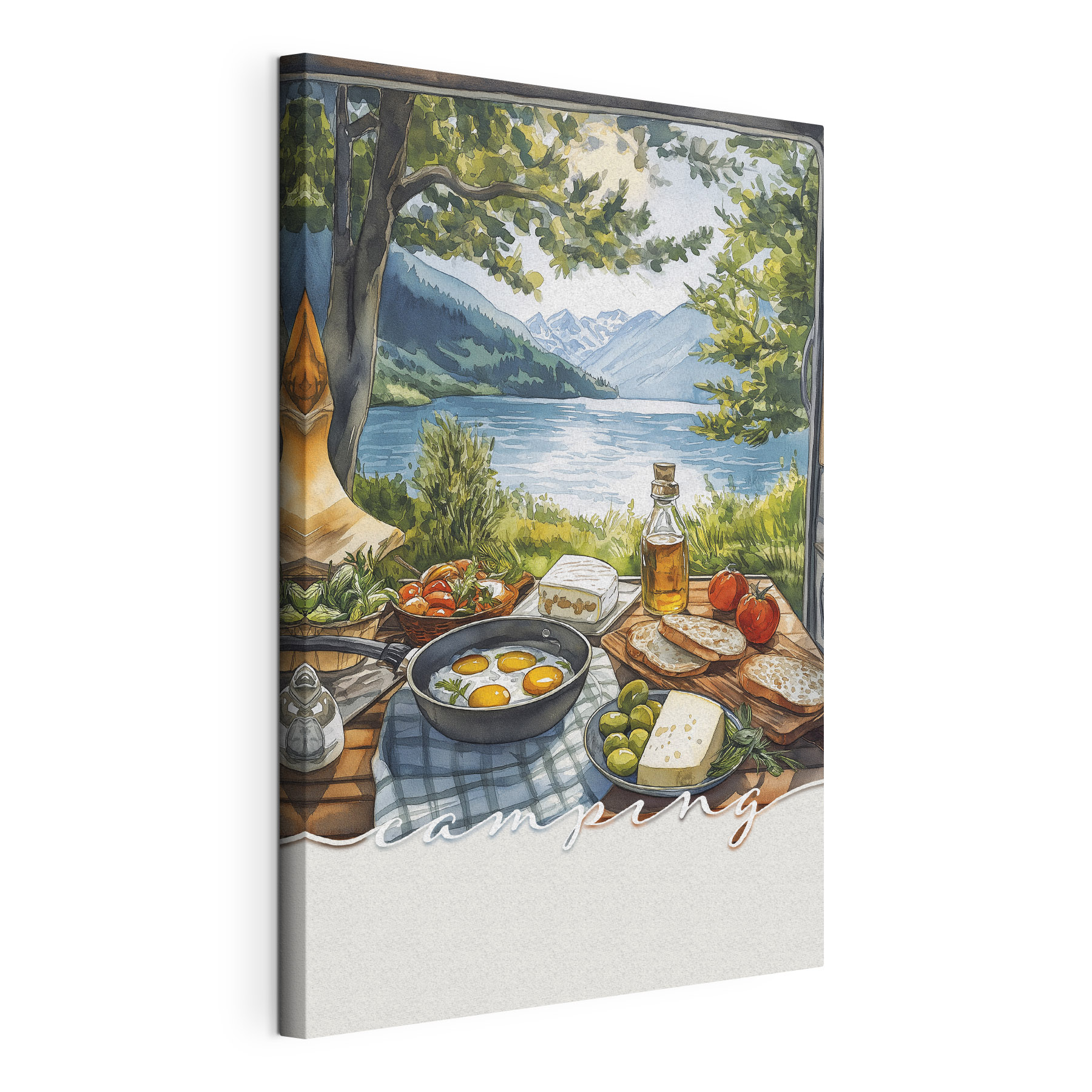 Table with food on it by a lake Table with food on it by a lake