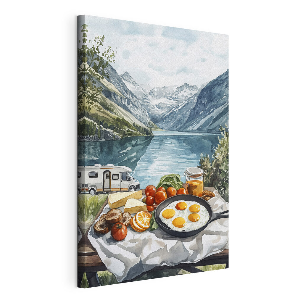 Food on a table next to a lake