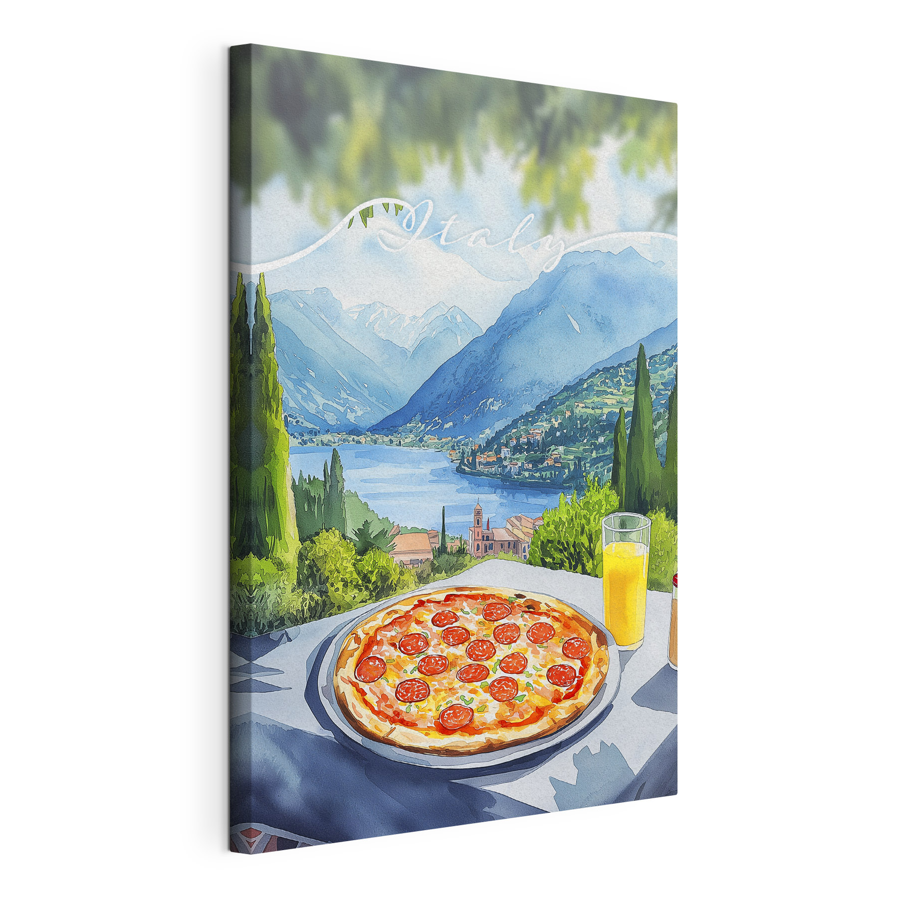 Pizza and juice on a table with mountains and trees Pizza and juice on a table with mountains and trees