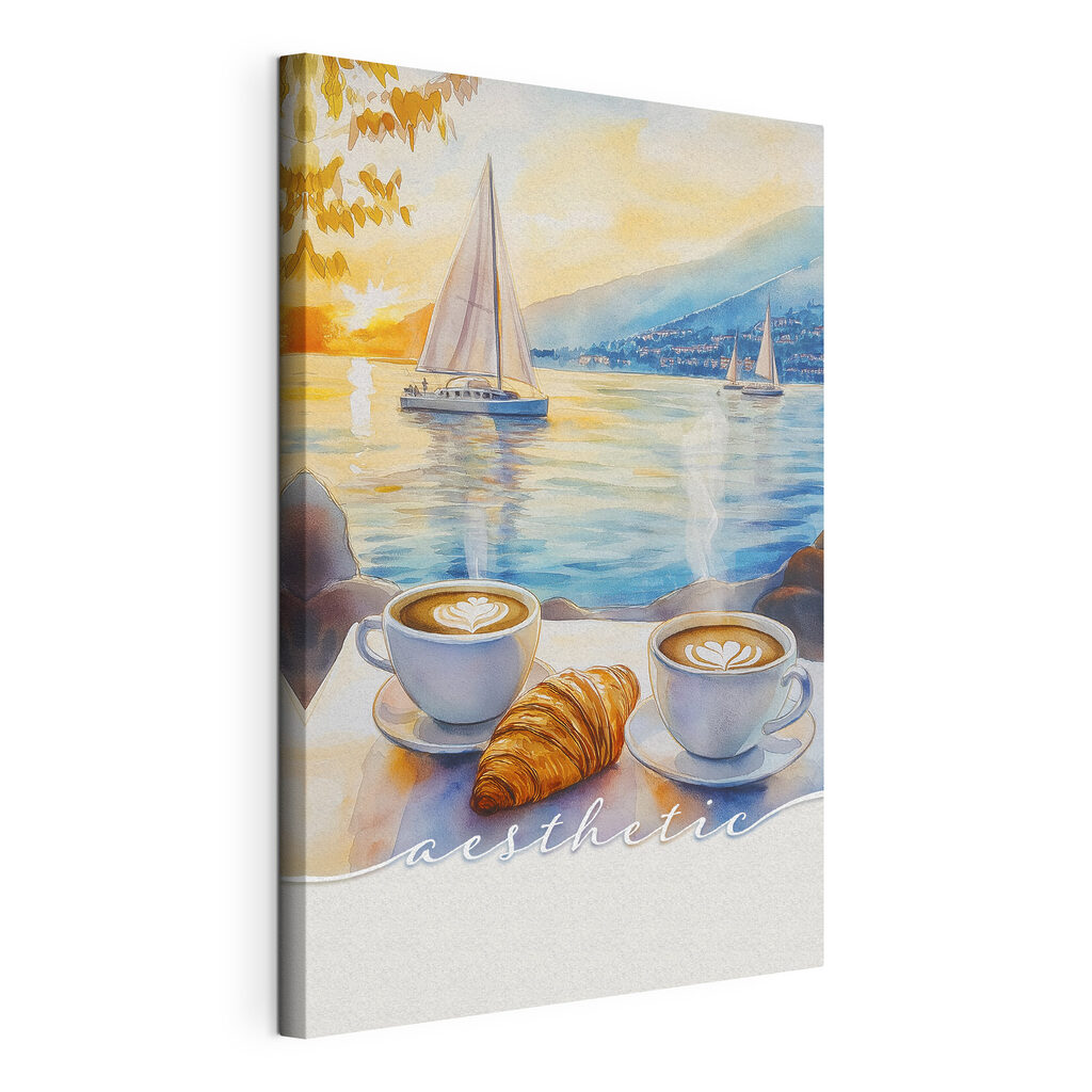 Two cups of coffee and croissant on a table with a sailboat in the background Two cups of coffee and croissant on a table with a sailboat in the background