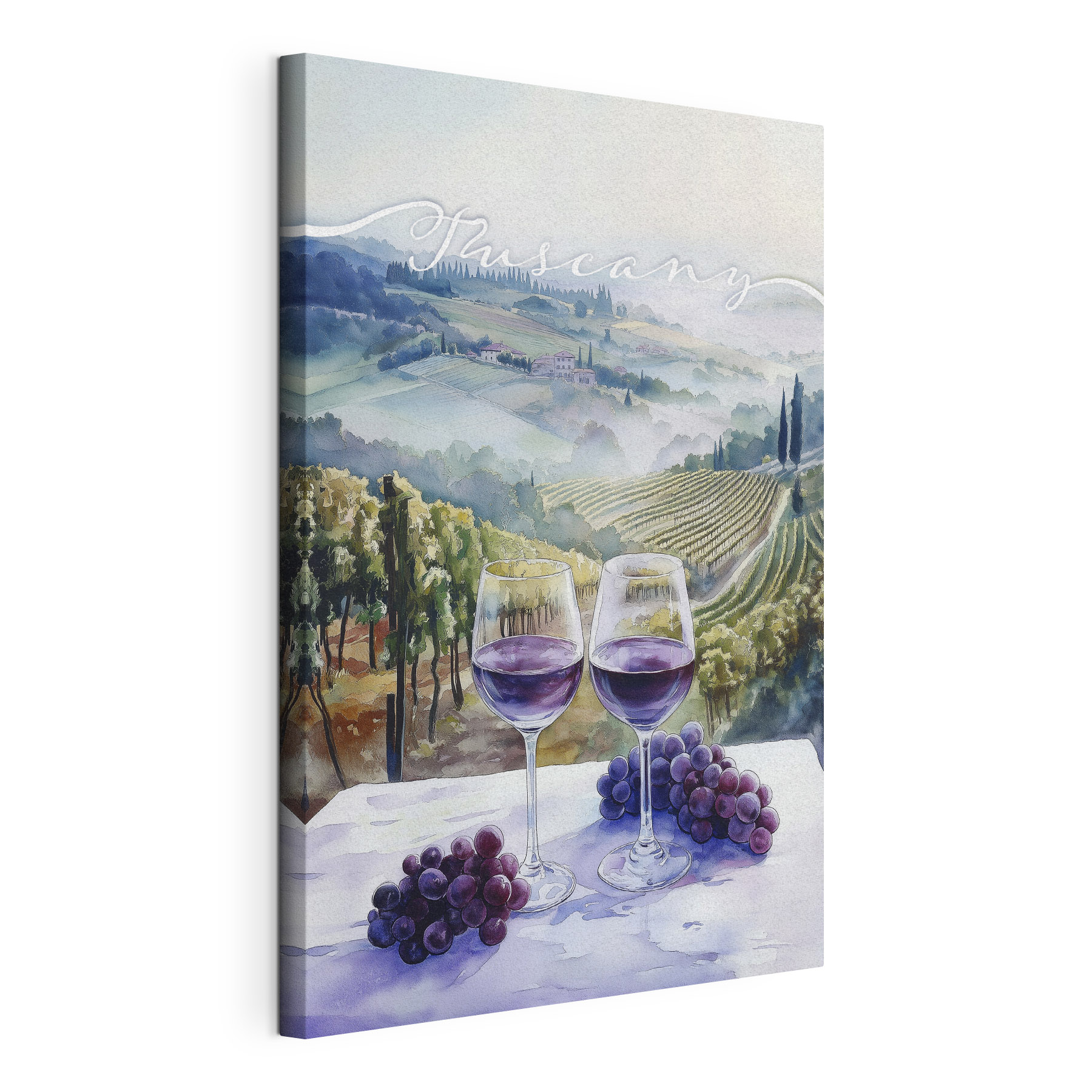 Watercolor painting of wine glasses and grapes on a table Watercolor painting of wine glasses and grapes on a table