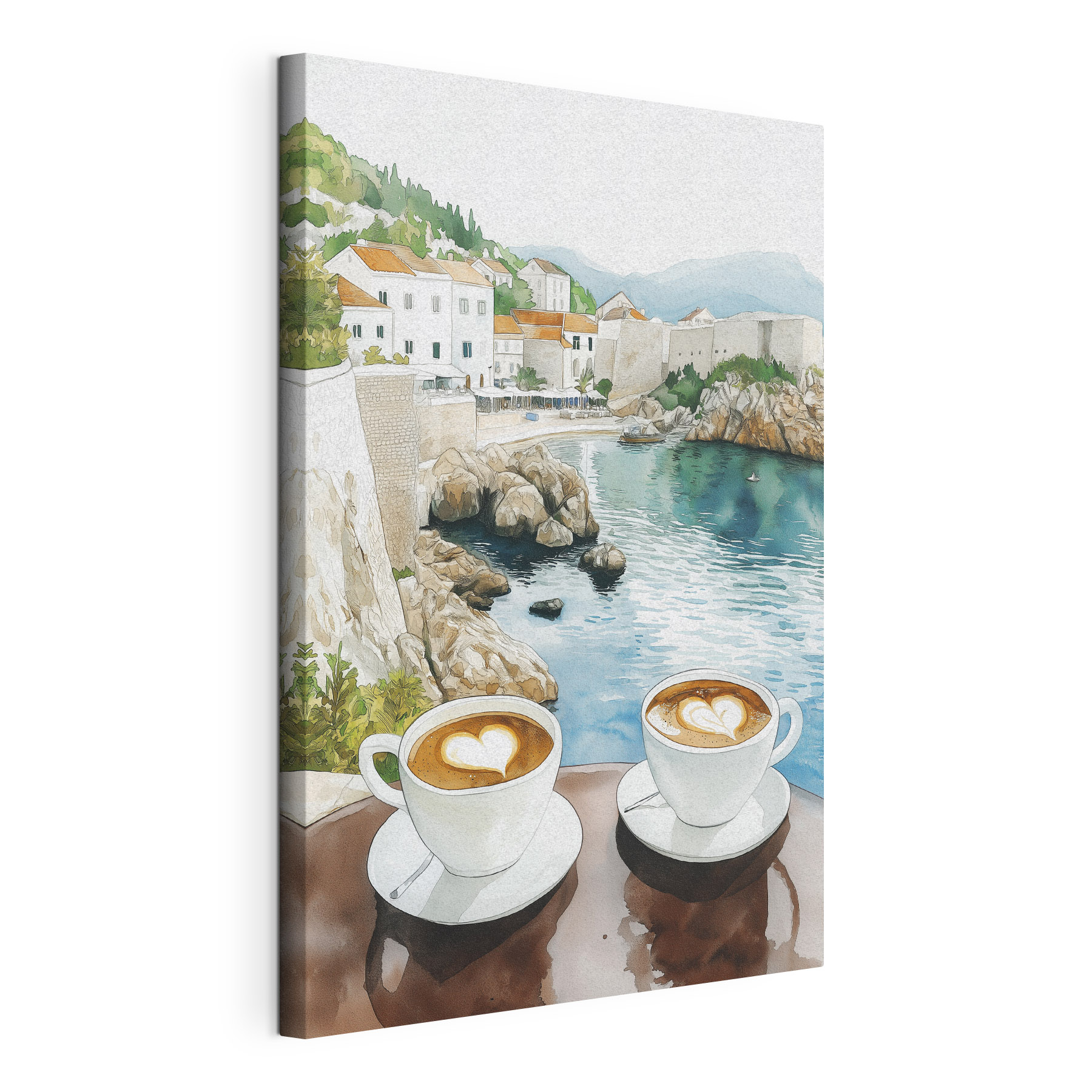 Two cups of coffee with a heart shaped foam on top of a table overlooking a body of water Two cups of coffee with a heart shaped foam on top of a table overlooking a body of water