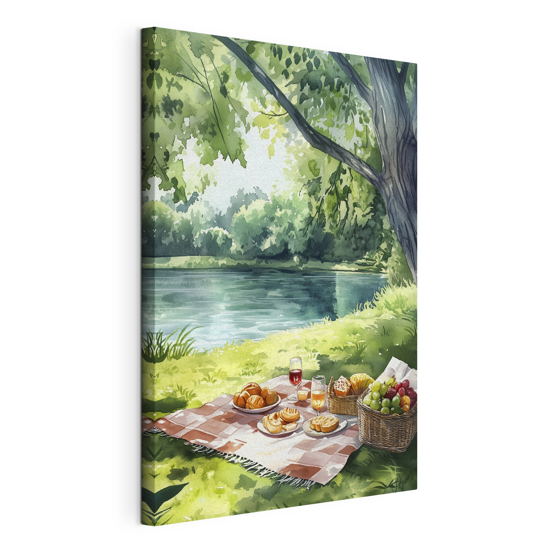 Watercolor painting of food on a picnic blanket by a lake