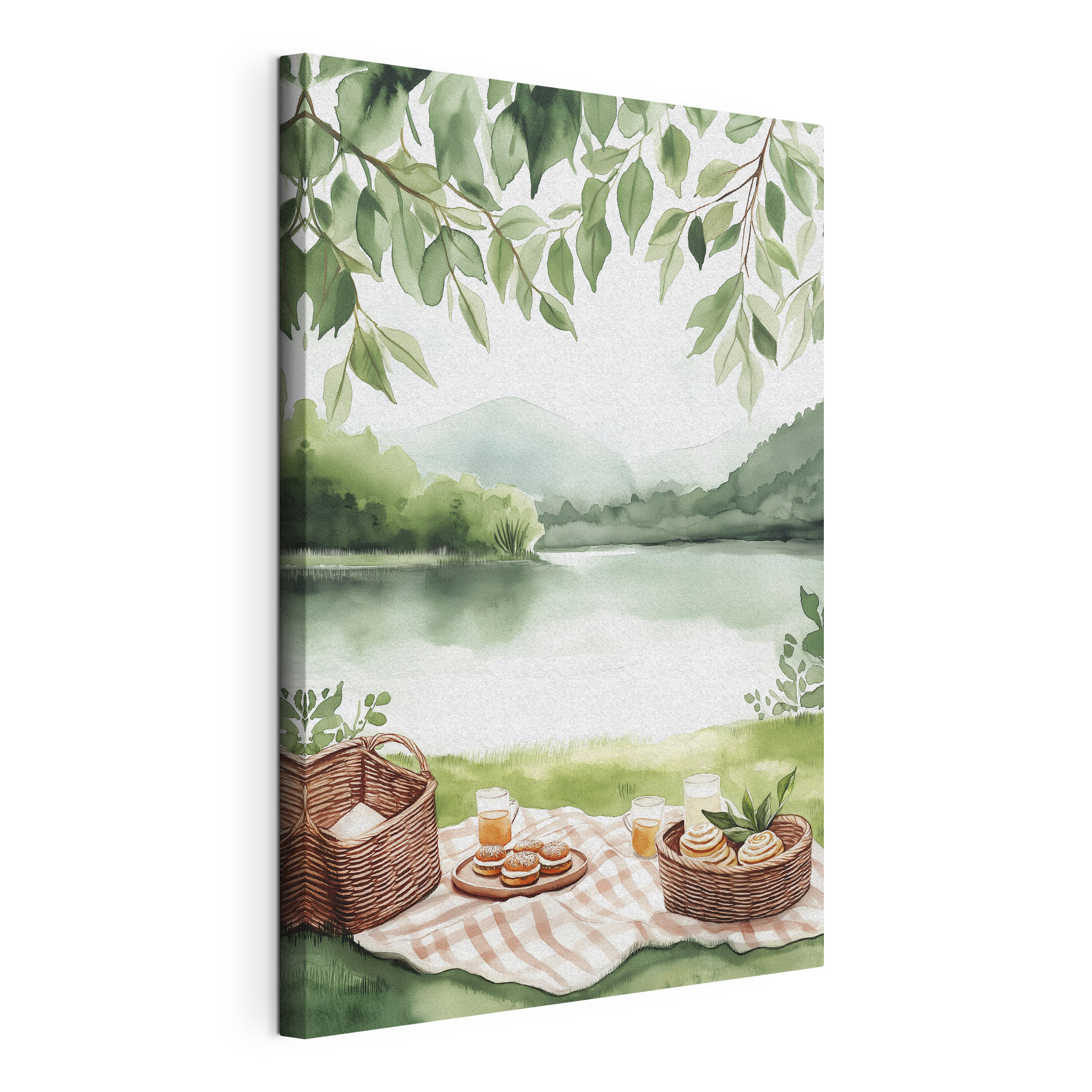 Watercolor painting of a picnic blanket with a basket and food on it
