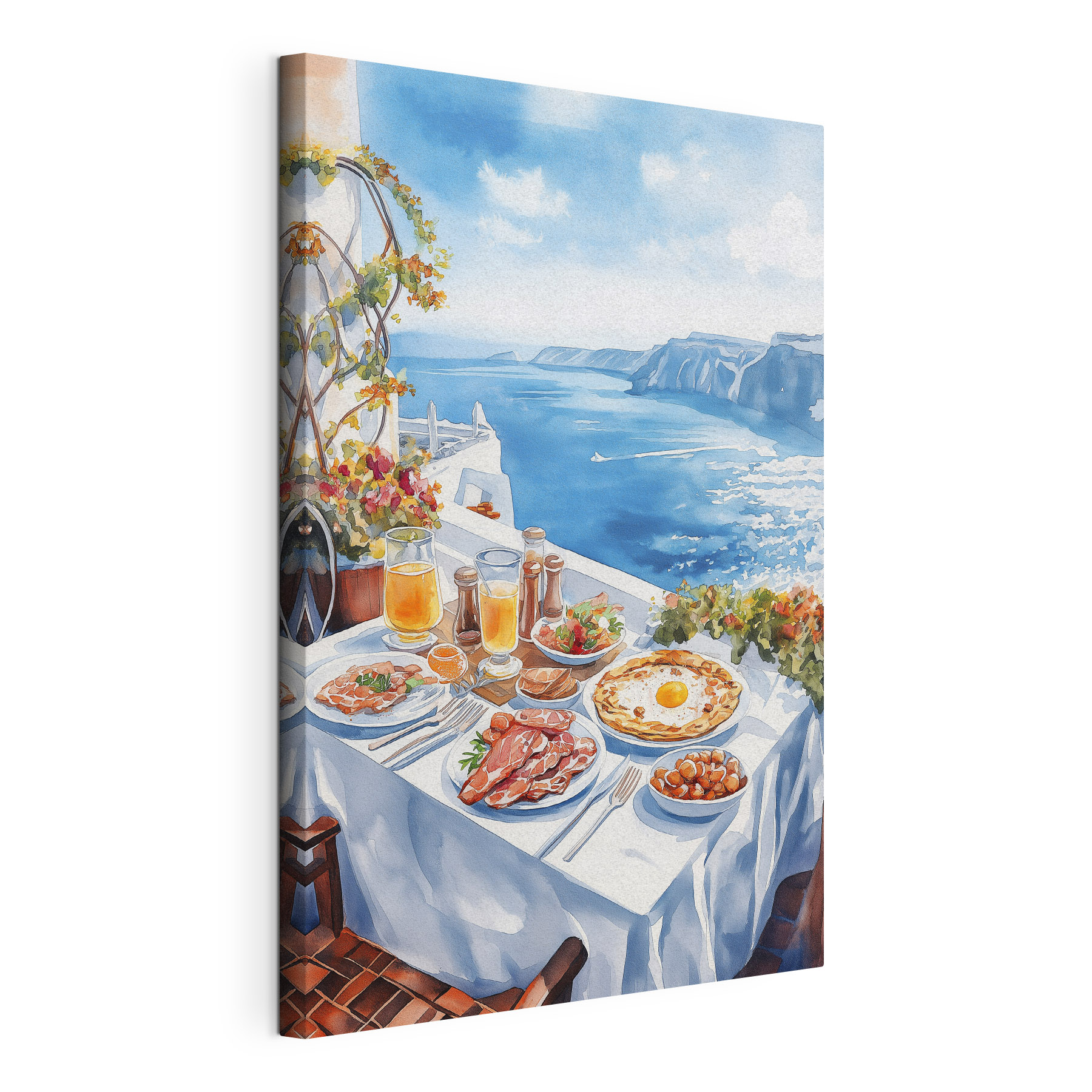 Watercolor painting of food on a table overlooking a body of water