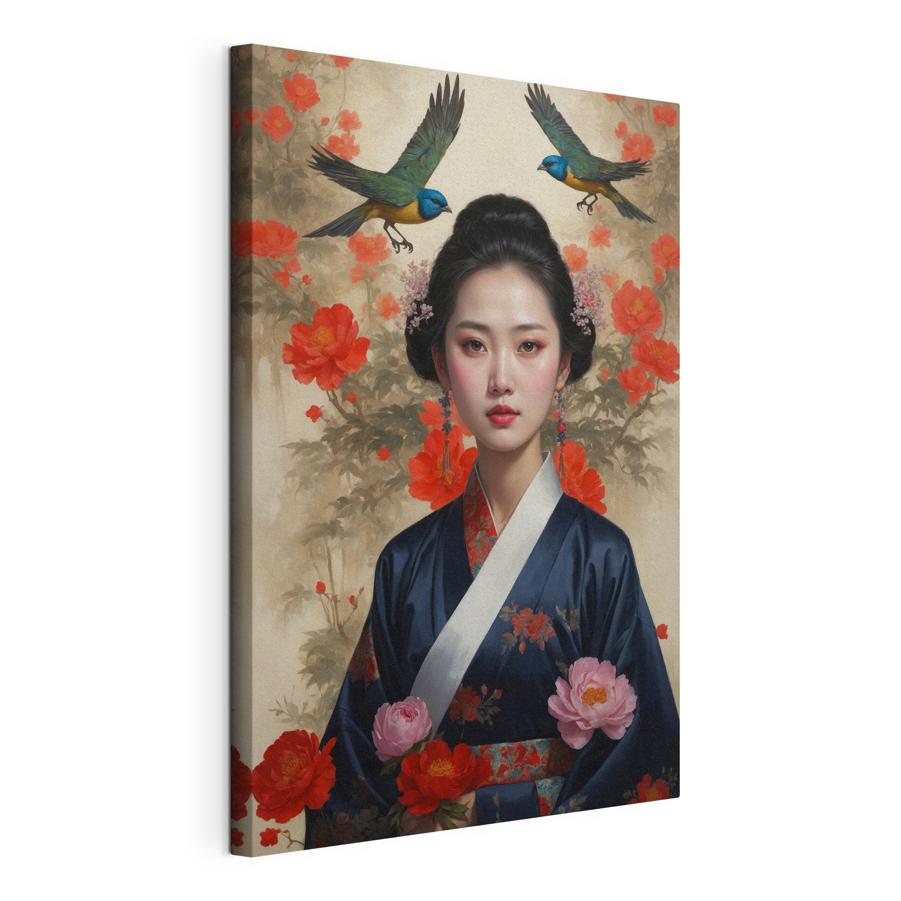 Woman in a kimono with flowers and birds