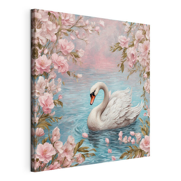 Quadri Quadri Cigno che nuota in un laghetto con fiori rosa (COD: s42543)