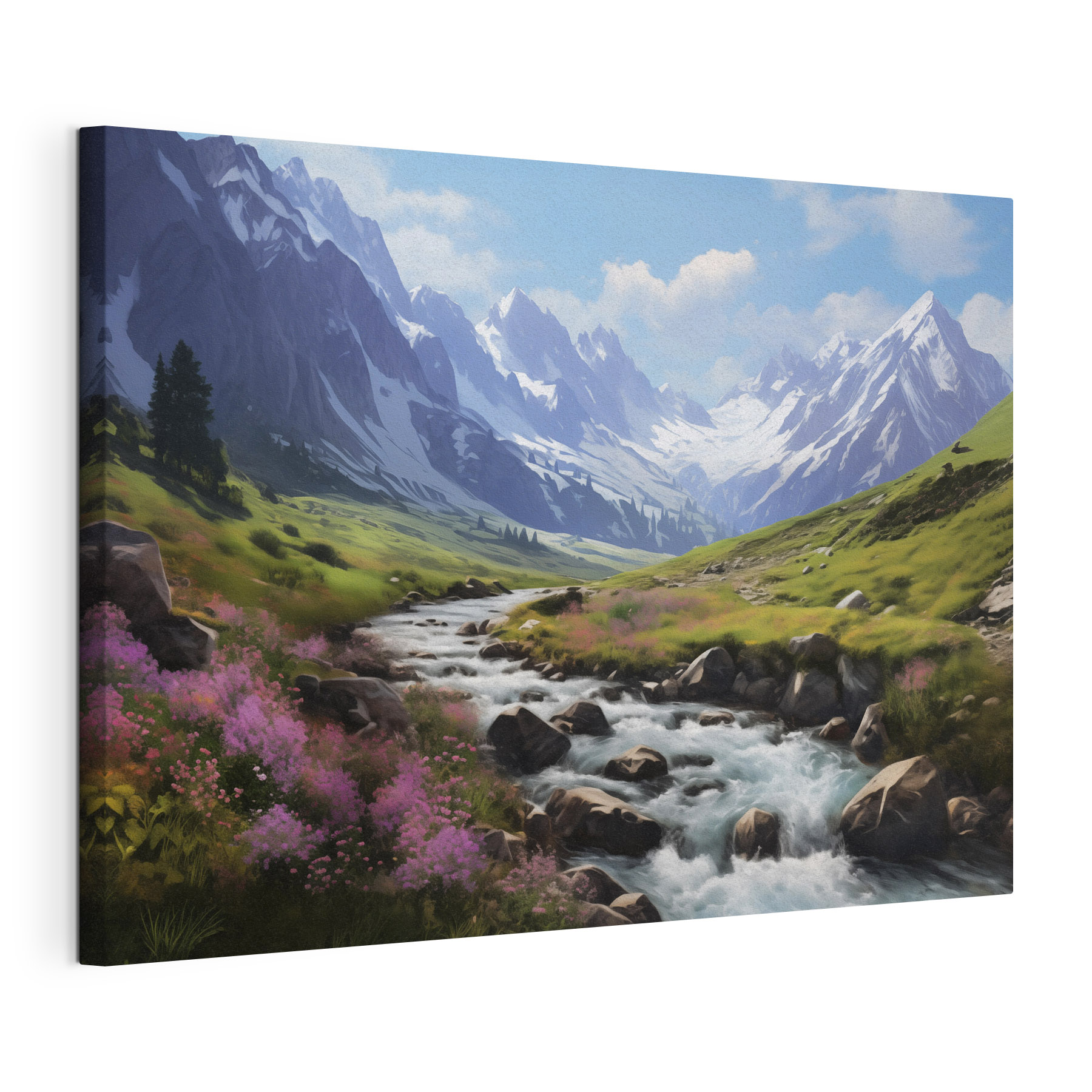 River running through a valley with snow covered mountains