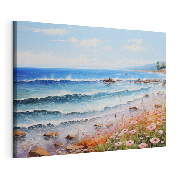 Quadri Dipinto raffigurante una spiaggia con fiori e onde (COD: s42569) Quadri Quadri Dipinto raffigurante una spiaggia con fiori e onde (COD: s42569)