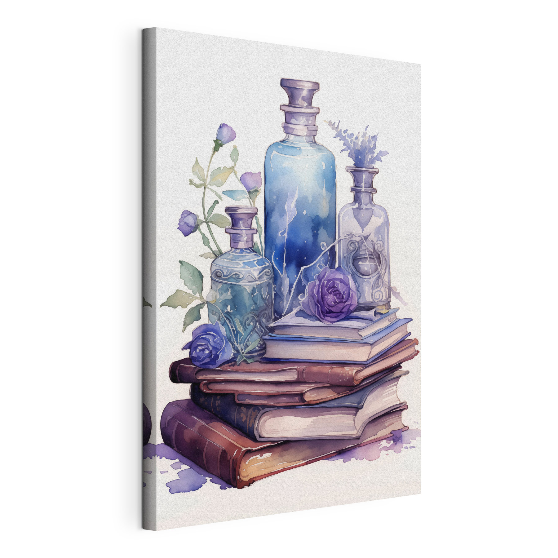 Watercolor painting of a stack of books and bottles Watercolor painting of a stack of books and bottles
