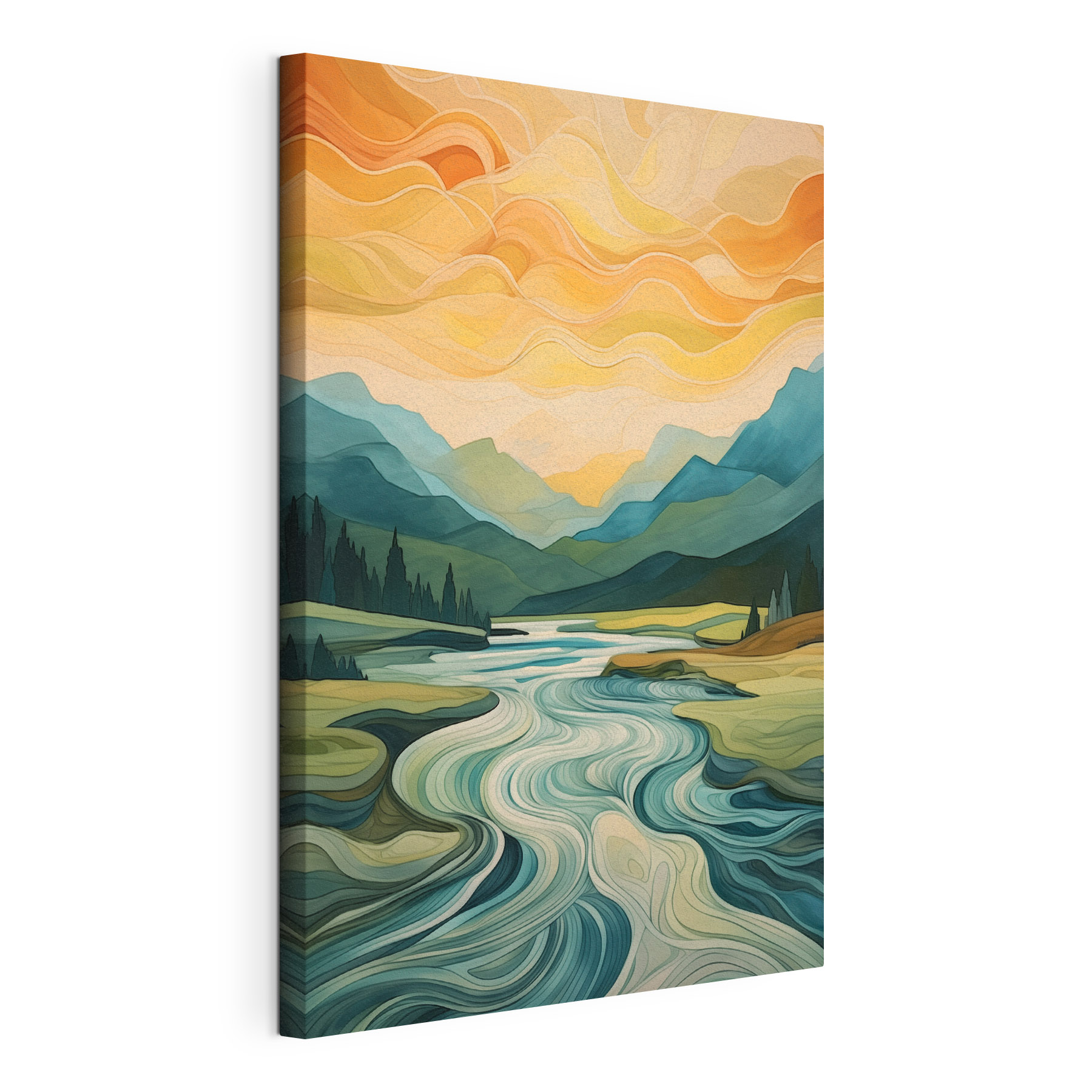 Painting of a river running through a valley Painting of a river running through a valley