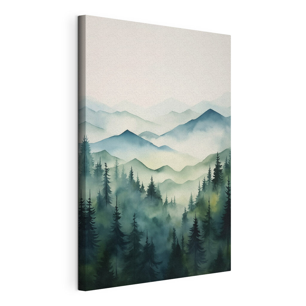 Painting of a mountain range with trees and fog Painting of a mountain range with trees and fog