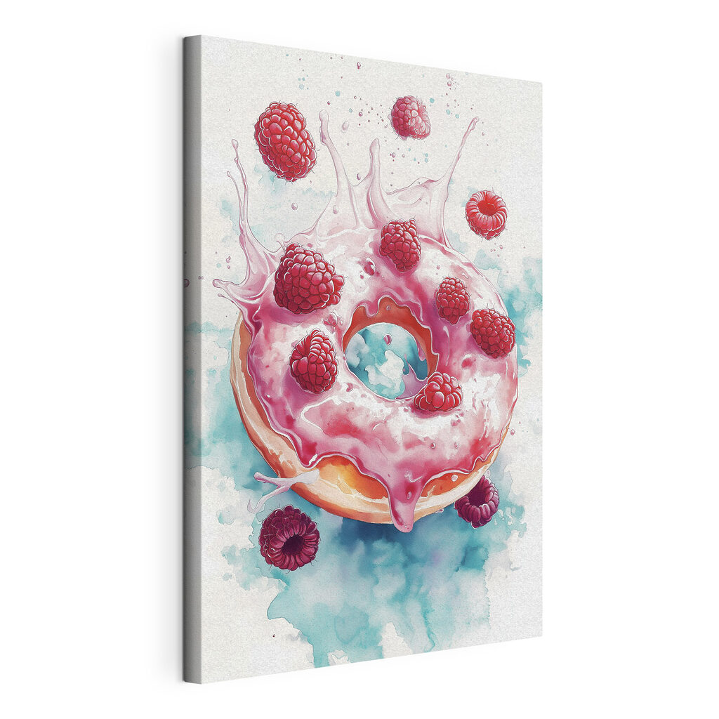 Painting of a donut with raspberries and milk splashing
