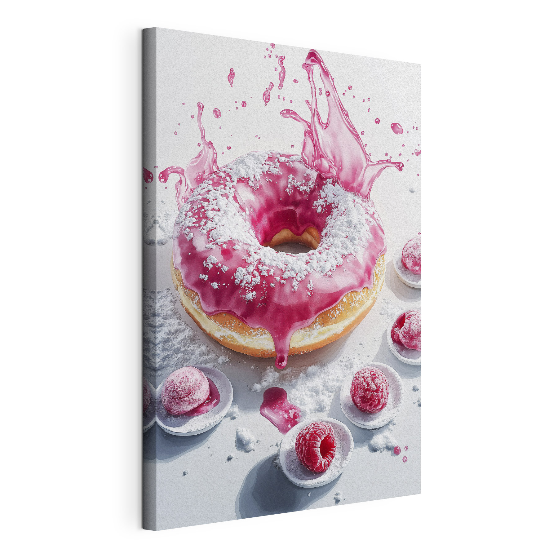 Donut with pink frosting and powdered sugar Donut with pink frosting and powdered sugar