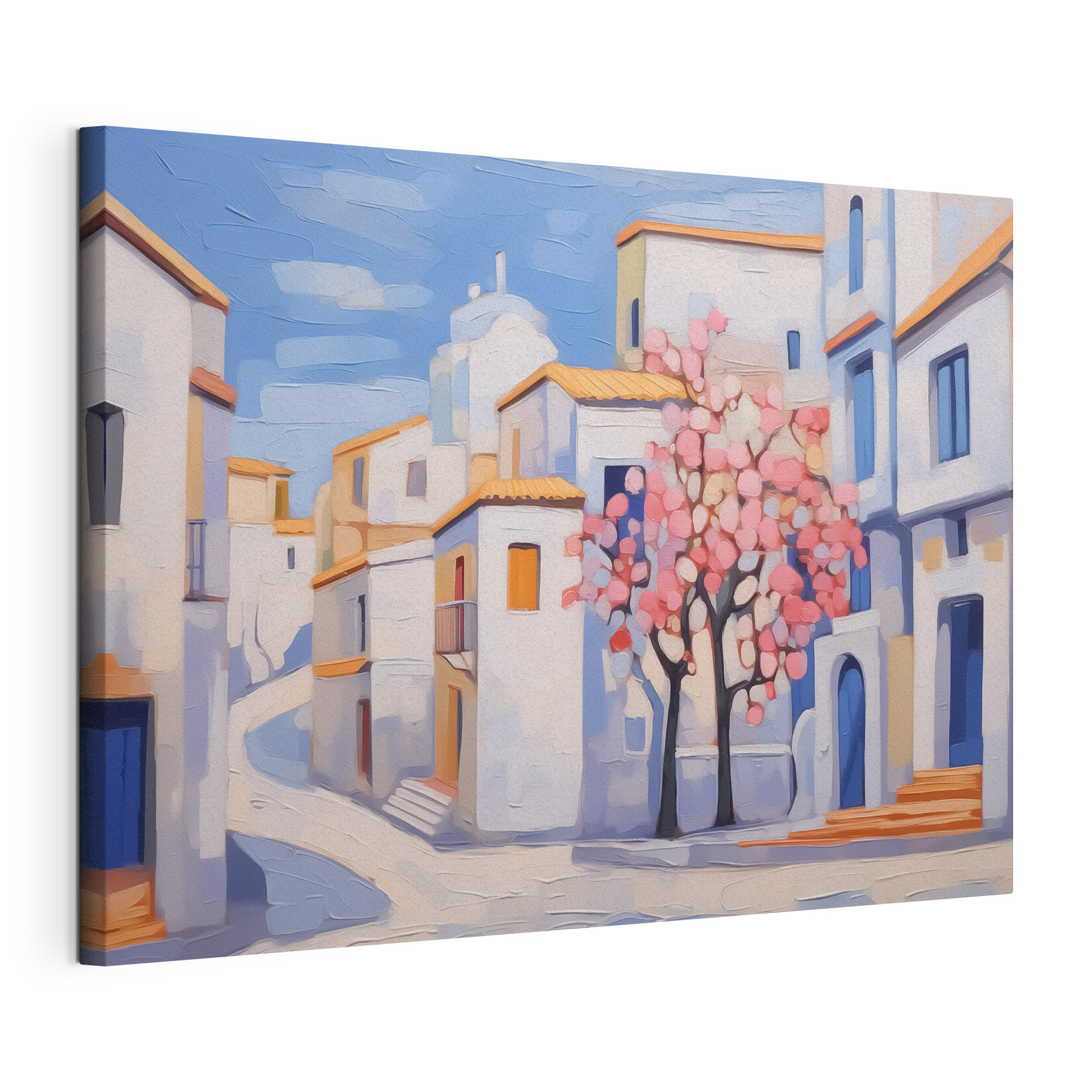 Painting of a tree in front of a building Painting of a tree in front of a building