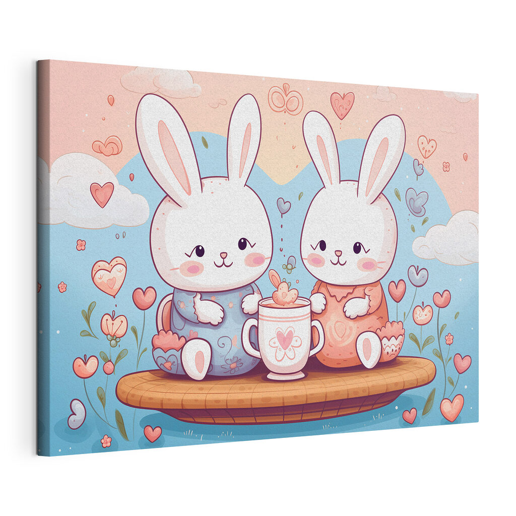 Couple of bunnies sitting on a tray with a cup of tea Couple of bunnies sitting on a tray with a cup of tea