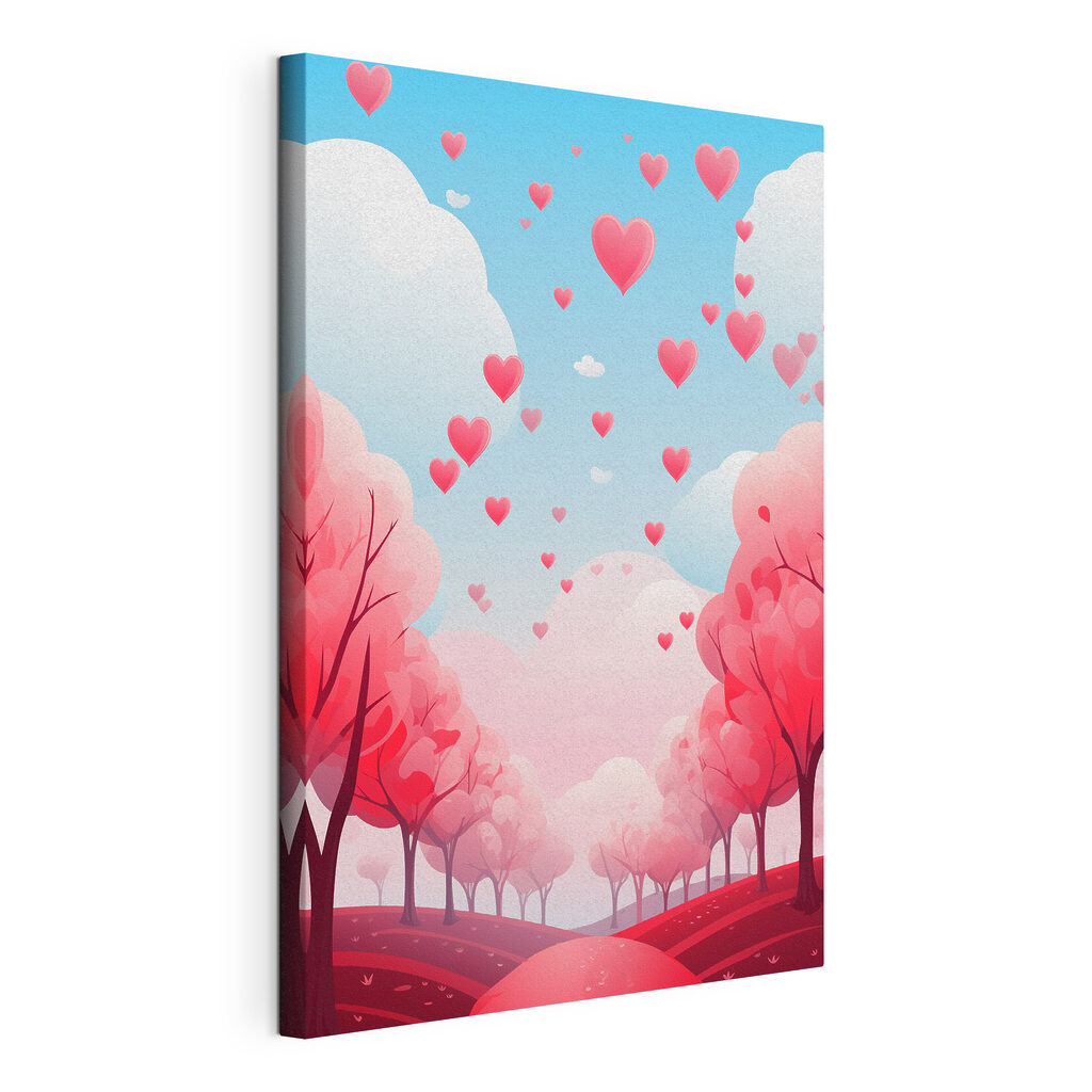 Pink trees with hearts flying in the sky