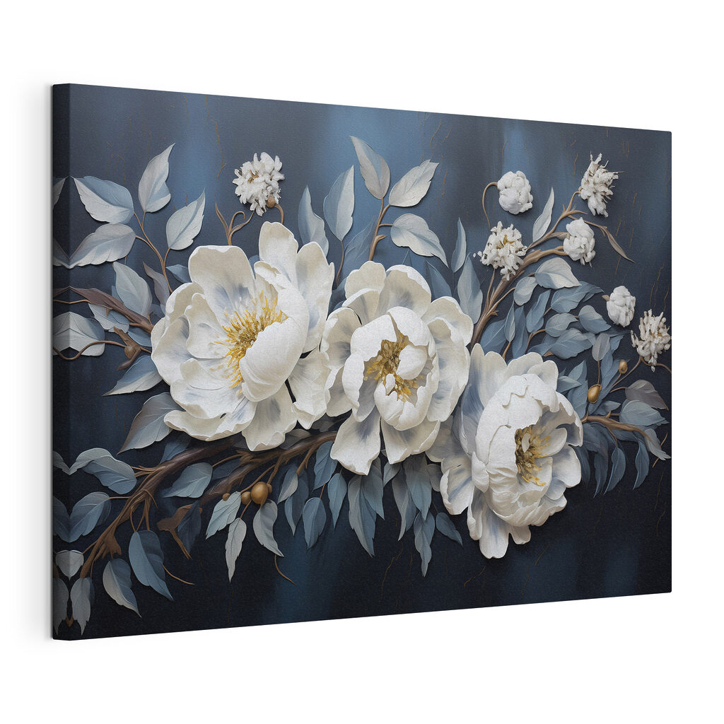 White flowers and leaves on a blue background White flowers and leaves on a blue background