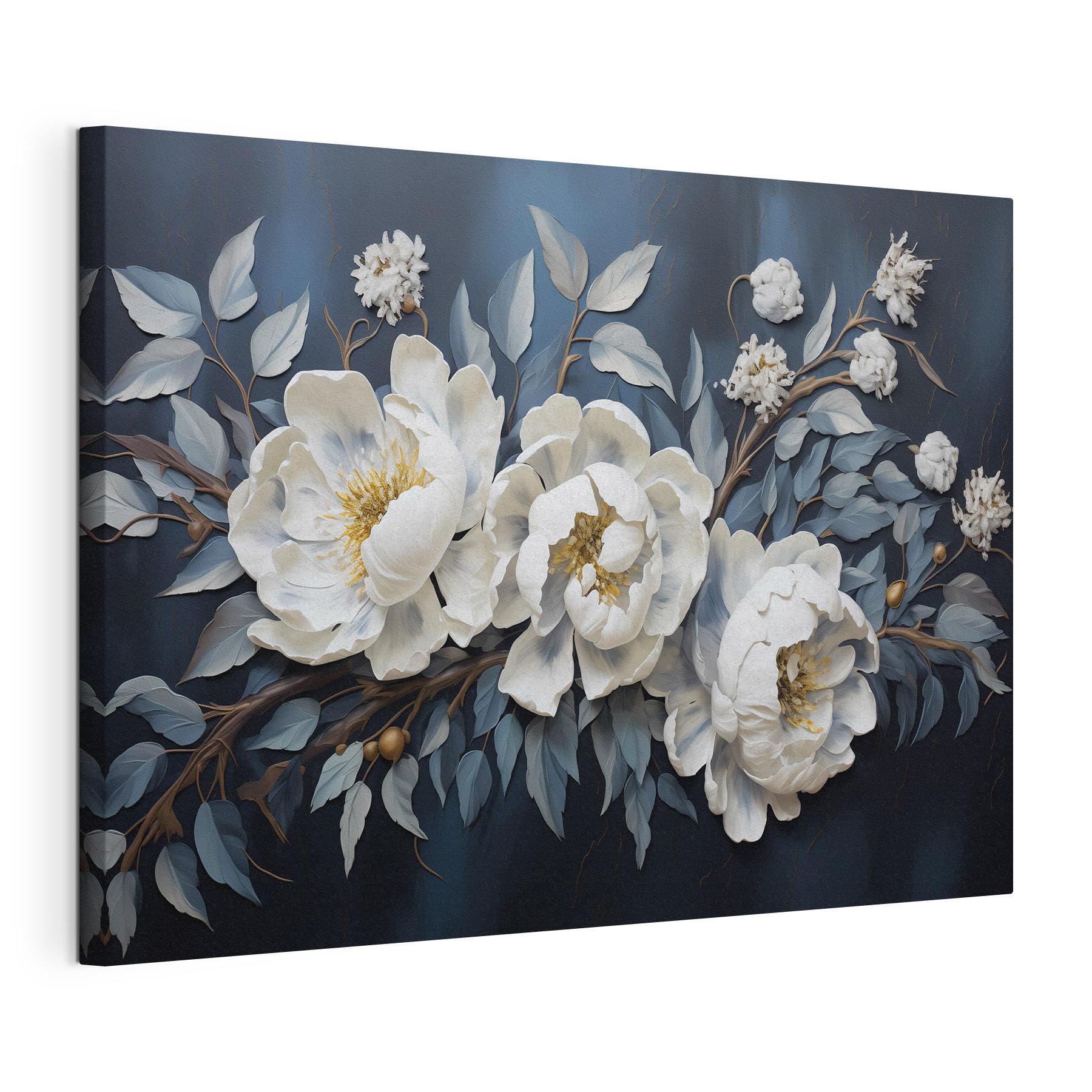 White flowers and leaves on a blue background White flowers and leaves on a blue background
