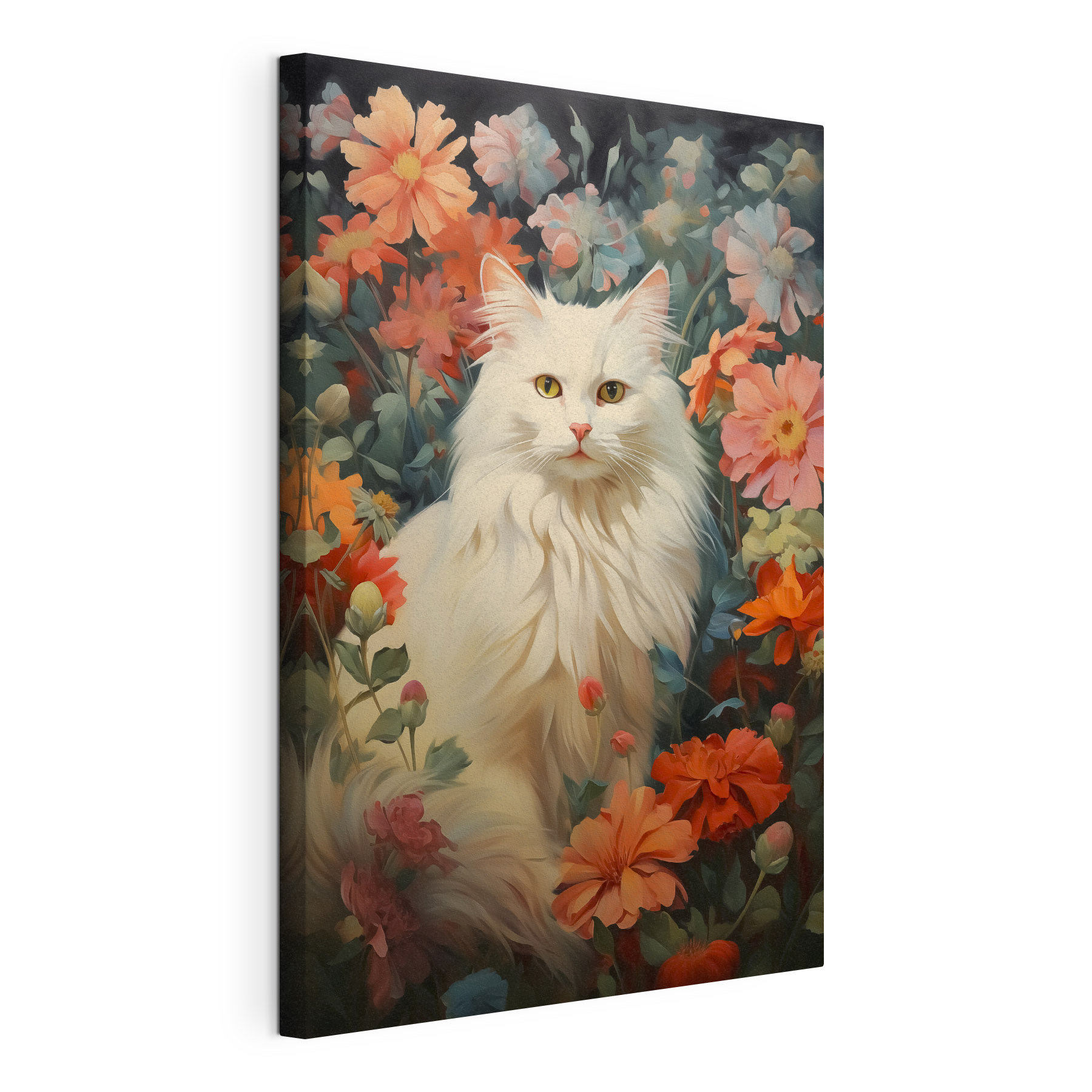White cat in a flower garden