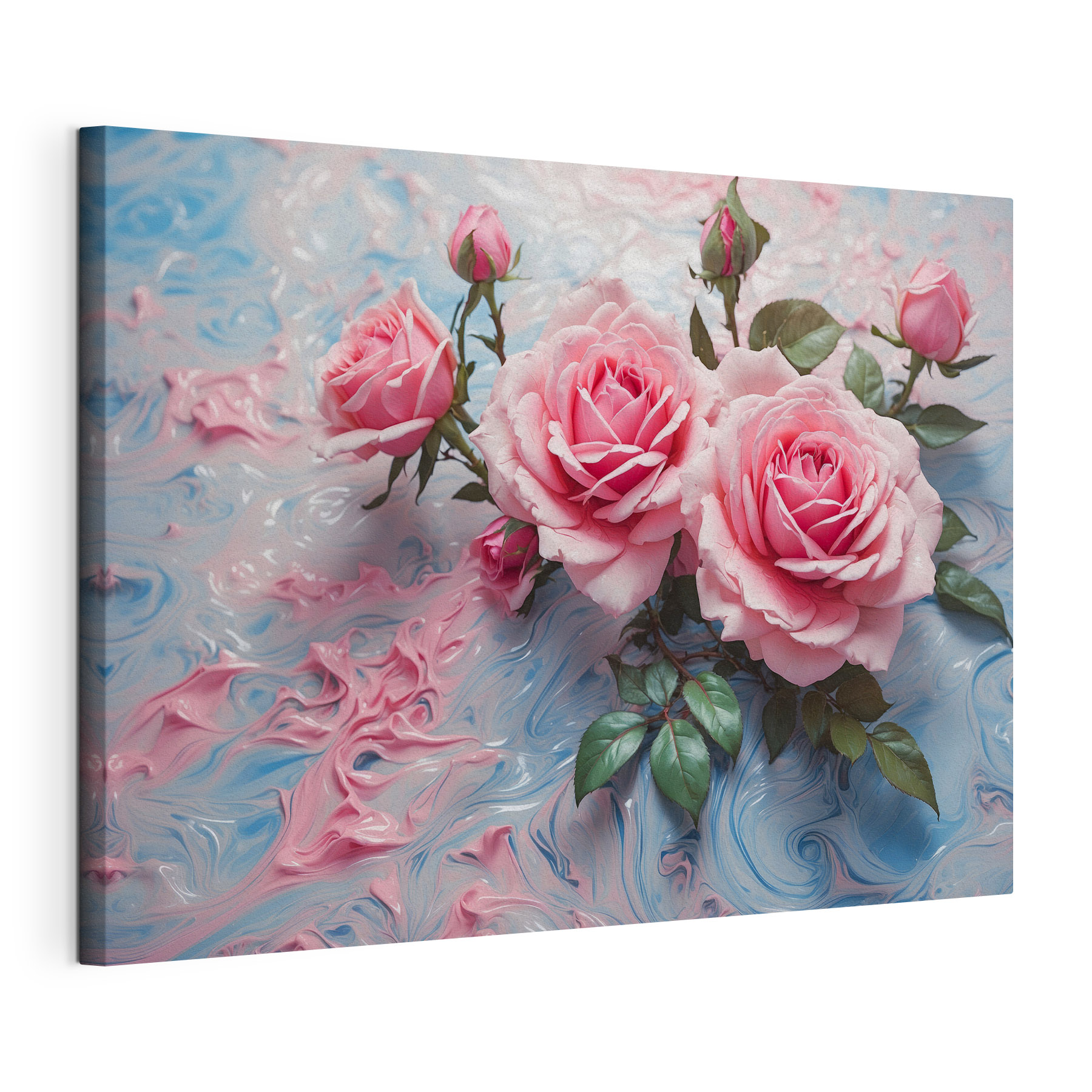Group of pink roses on a blue and white surface