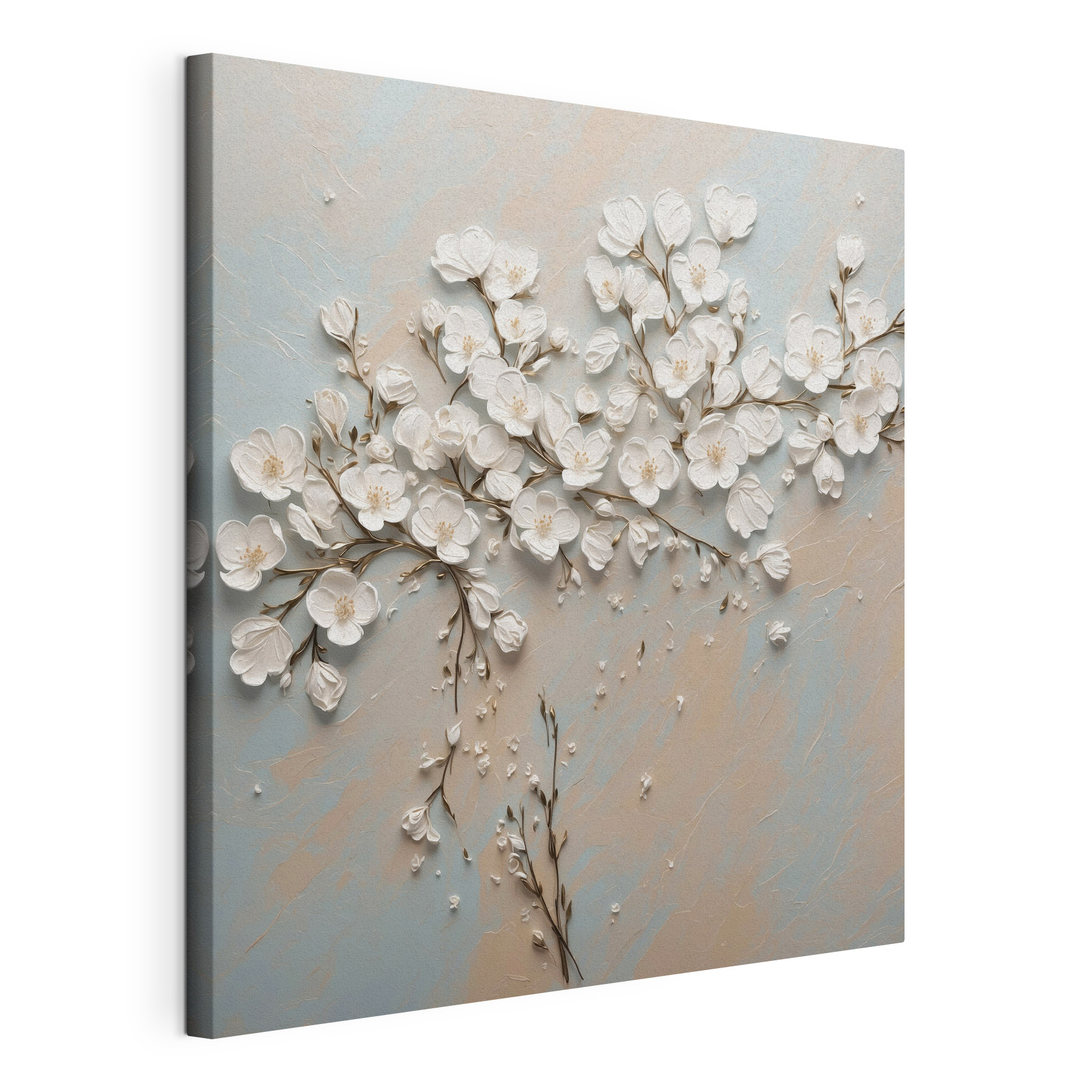 White flowers on a blue and white background