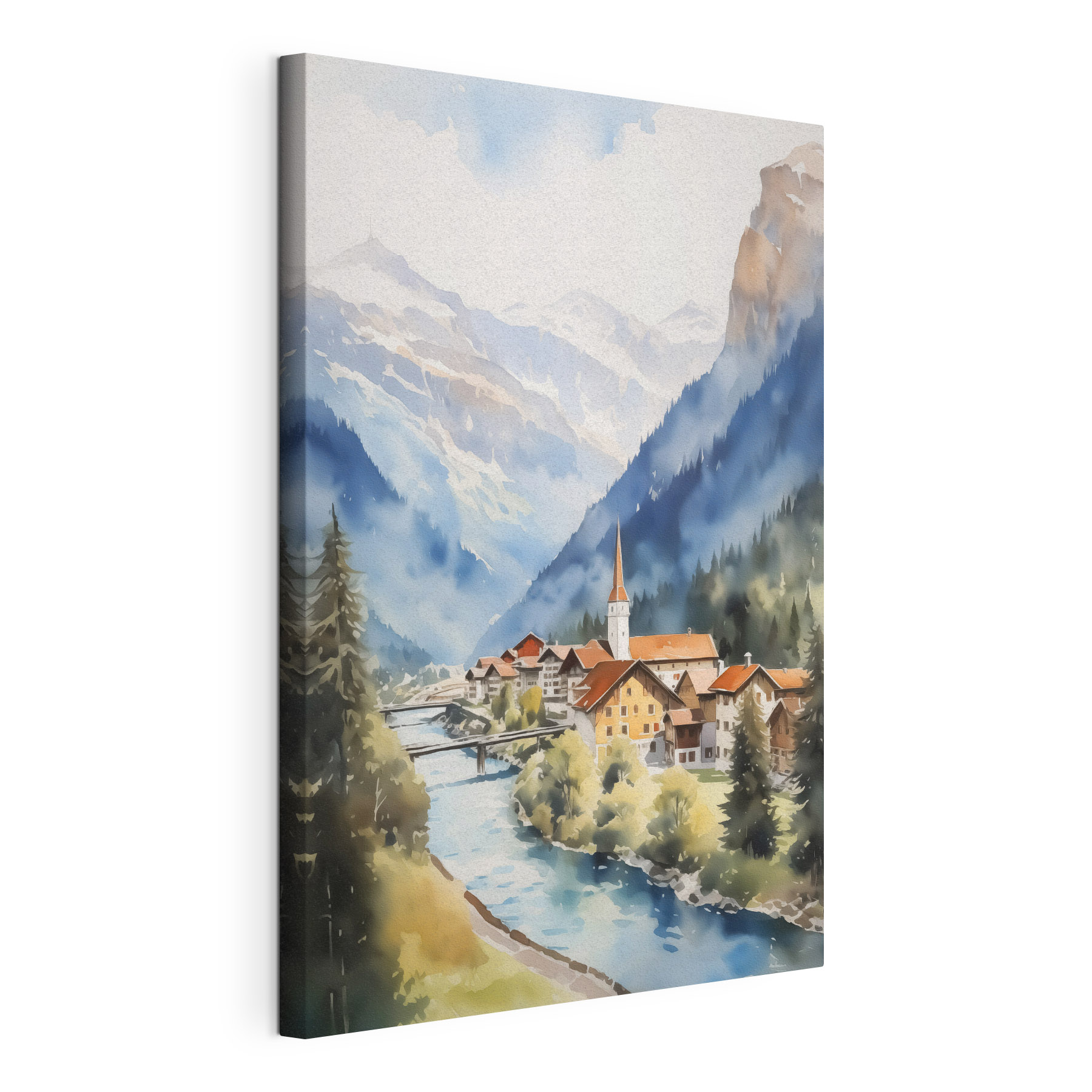 Watercolor painting of a village in the mountains Watercolor painting of a village in the mountains