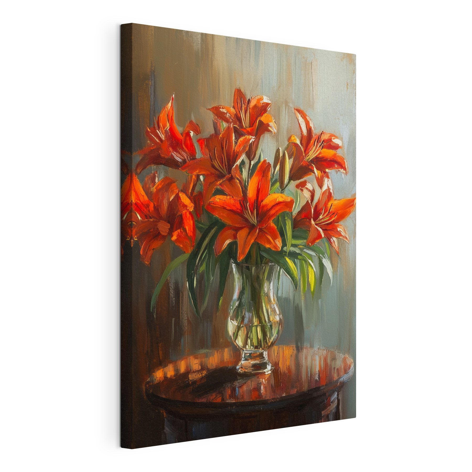 Painting of orange flowers in a glass vase