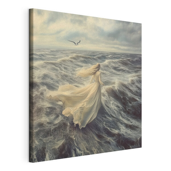 Quadri Quadri Una donna in abito bianco che corre tra le onde (COD: s42986)