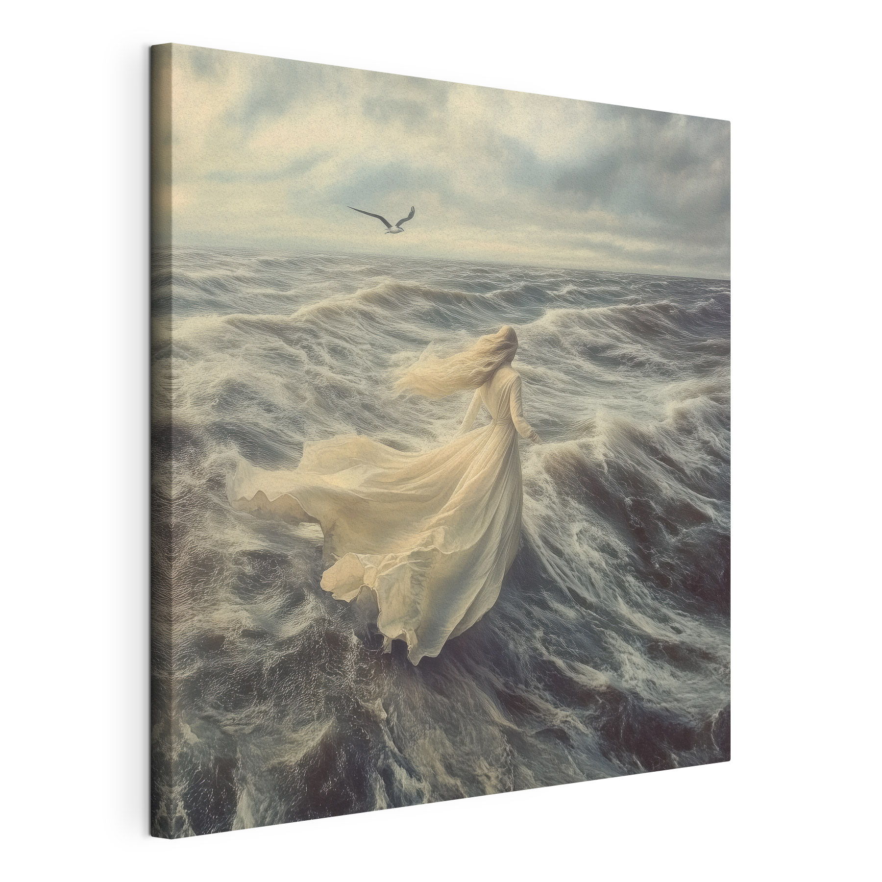 Woman in a white dress running through the waves Woman in a white dress running through the waves
