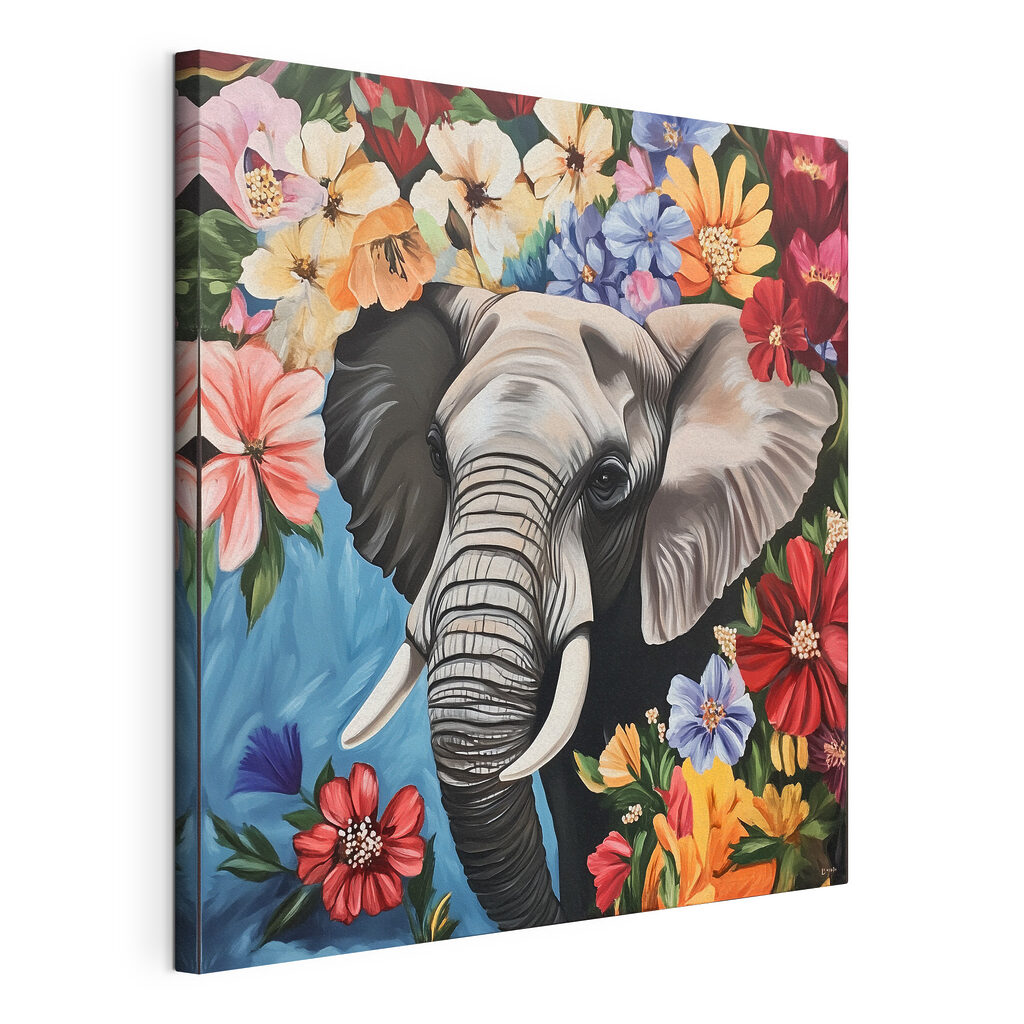 An elephant with tusks in a flower garden