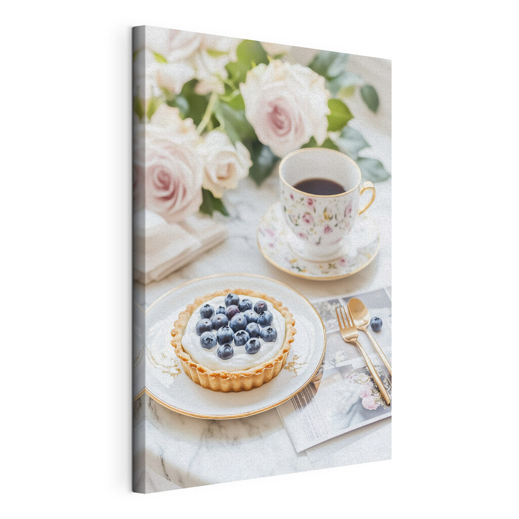 Dessert on a plate with a cup of coffee and flowers Dessert on a plate with a cup of coffee and flowers