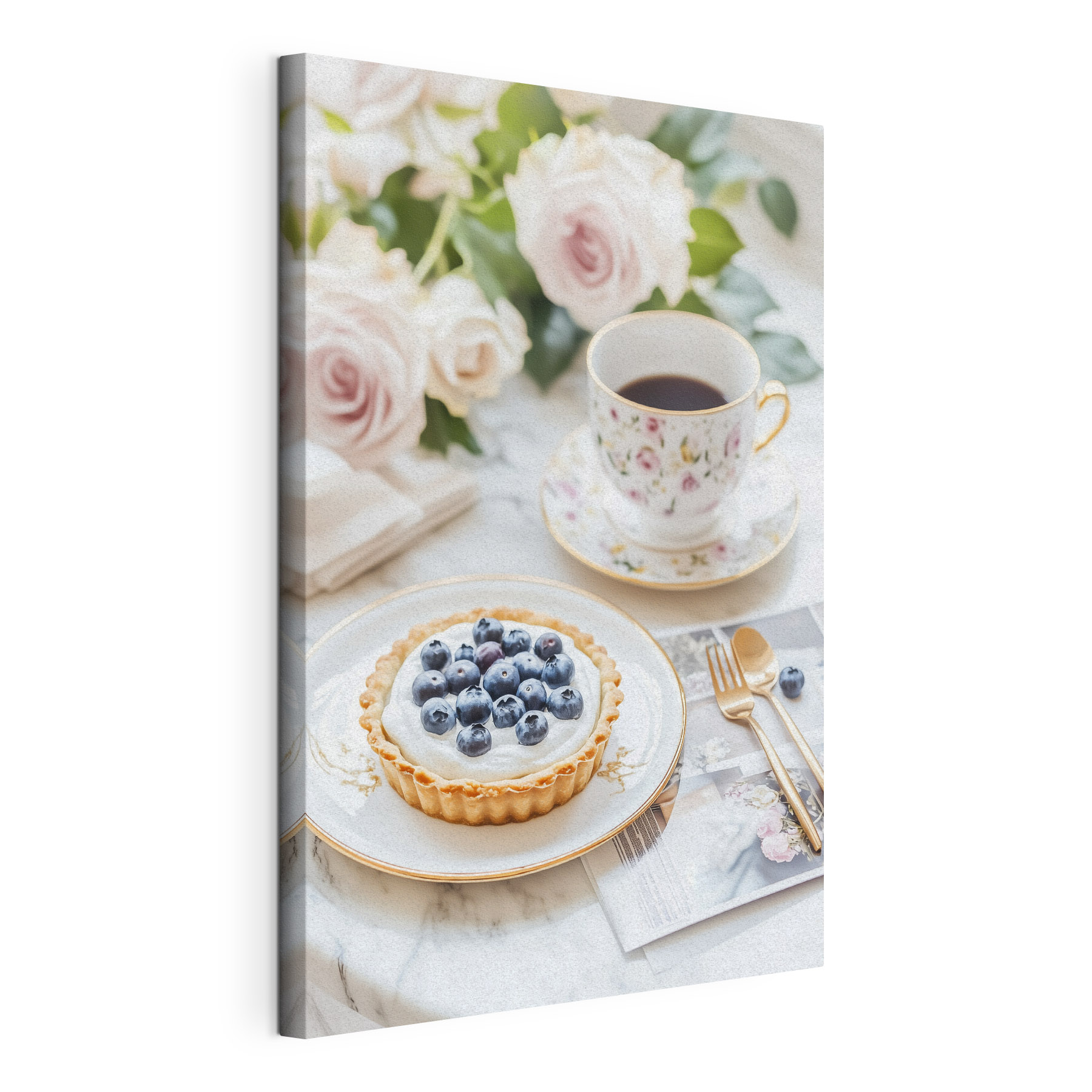 Dessert on a plate with a cup of coffee and flowers Dessert on a plate with a cup of coffee and flowers