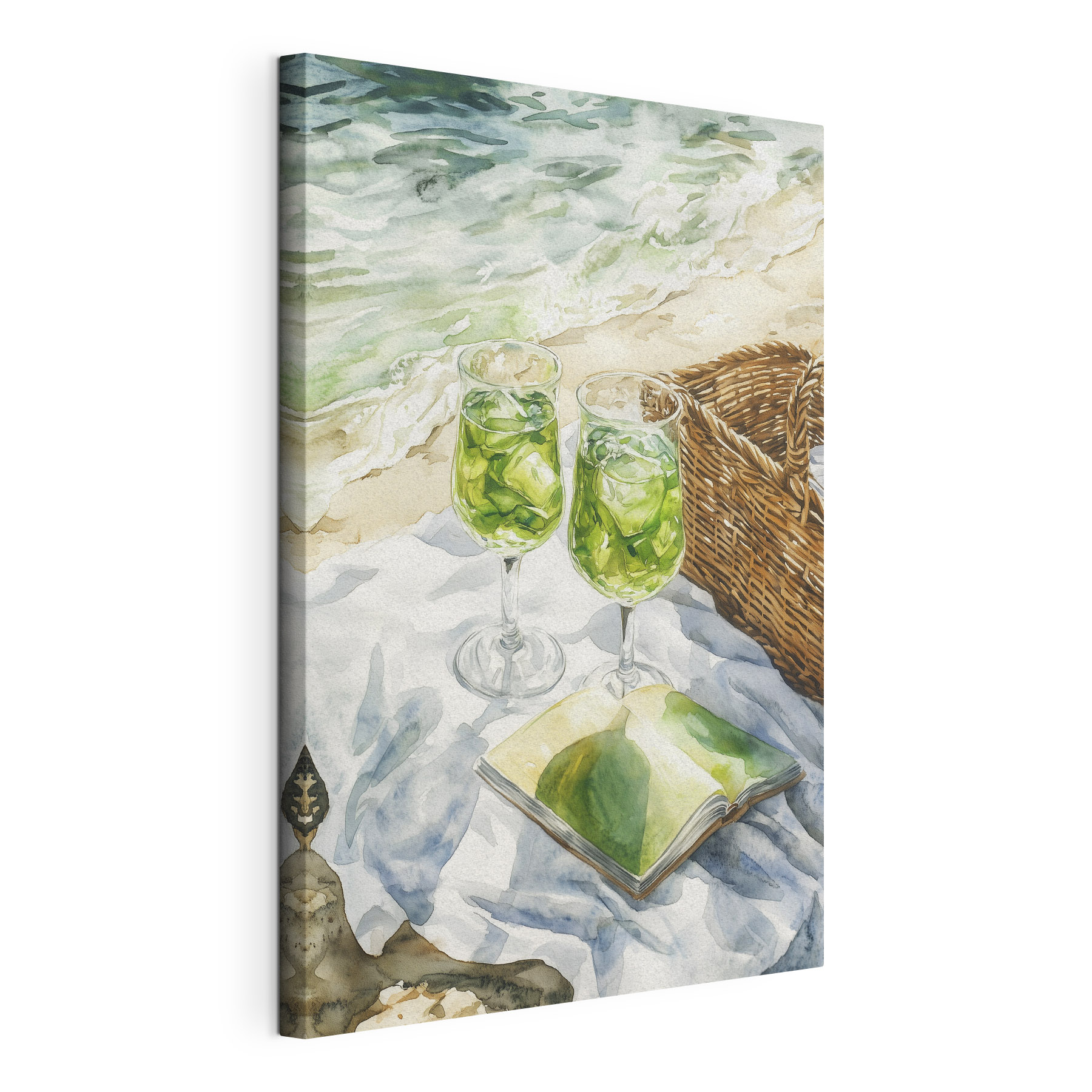 Watercolor of two glasses of wine next to a picnic basket and a book Watercolor of two glasses of wine next to a picnic basket and a book