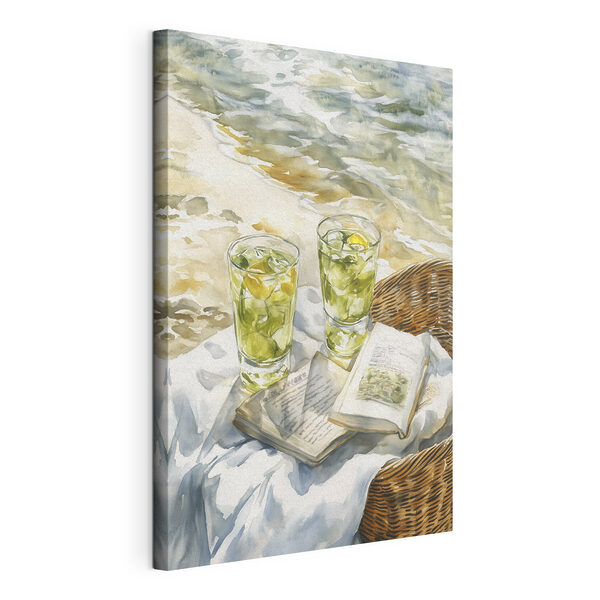Quadri Acquerello raffigurante due bicchieri di tè freddo e un libro su una coperta in spiaggia (COD: s43068) Quadri Quadri Acquerello raffigurante due bicchieri di tè freddo e un libro su una coperta in spiaggia (COD: s43068)