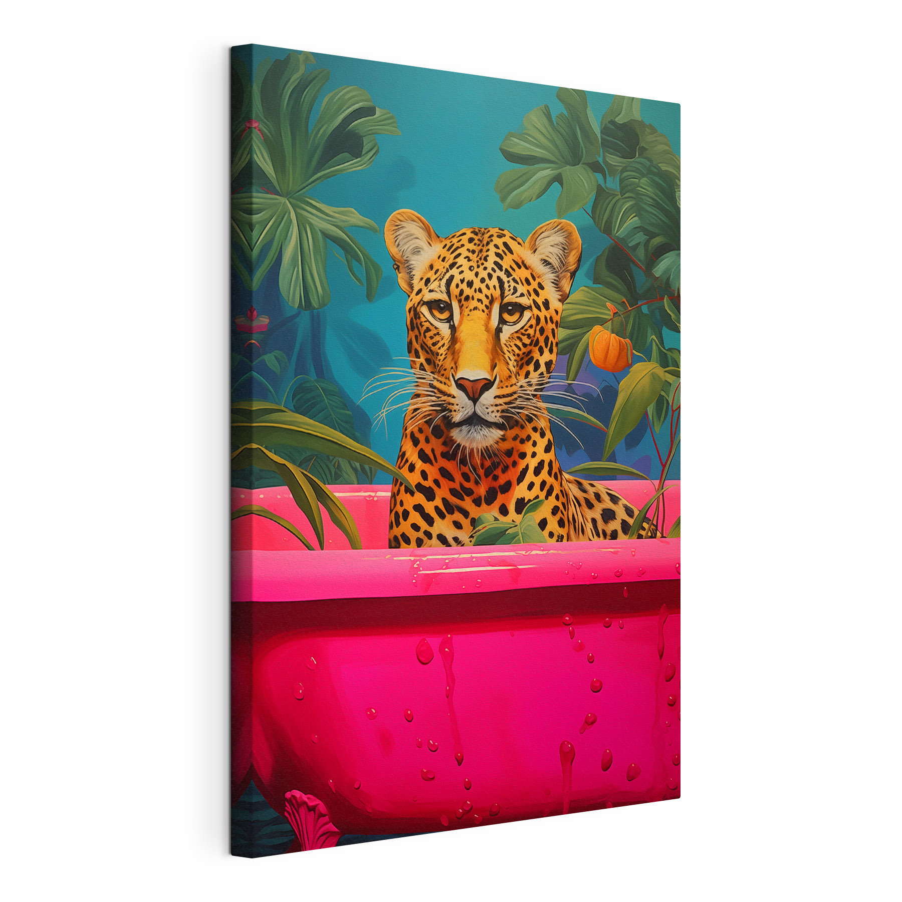 Cheetah in a pink tub with plants Cheetah in a pink tub with plants