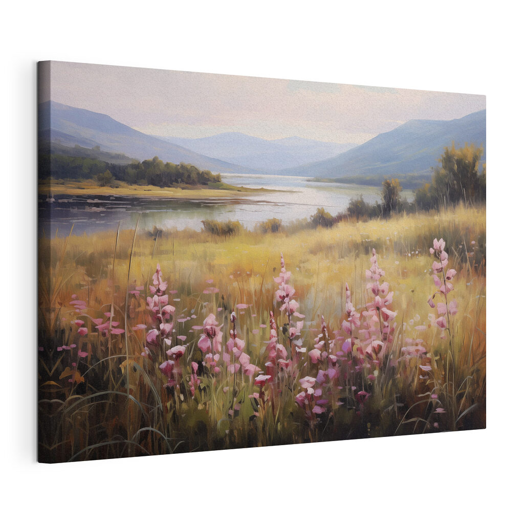 Field of flowers by a lake