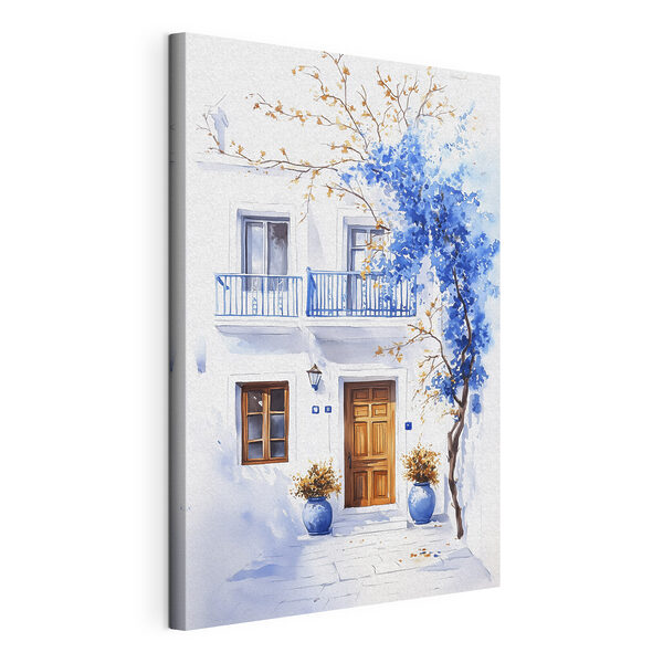 Quadri Quadri Acquerello raffigurante un edificio con un balcone e fiori blu (COD: s43183)