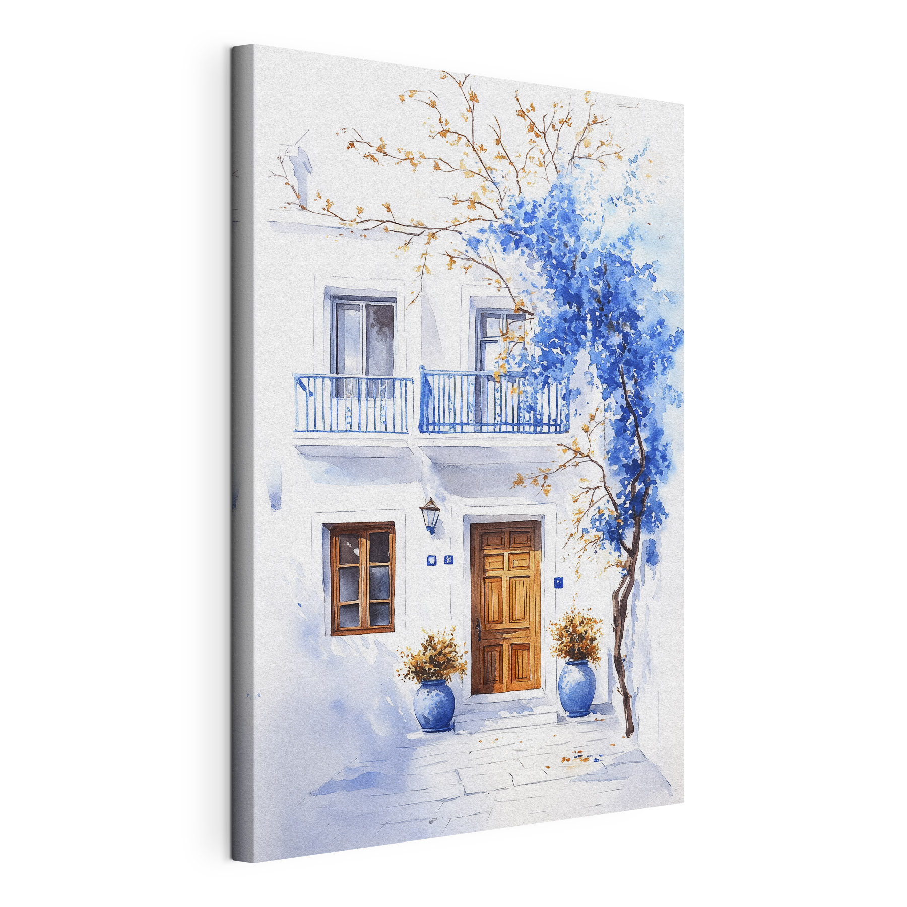 Watercolor painting of a building with a balcony and blue flowers
