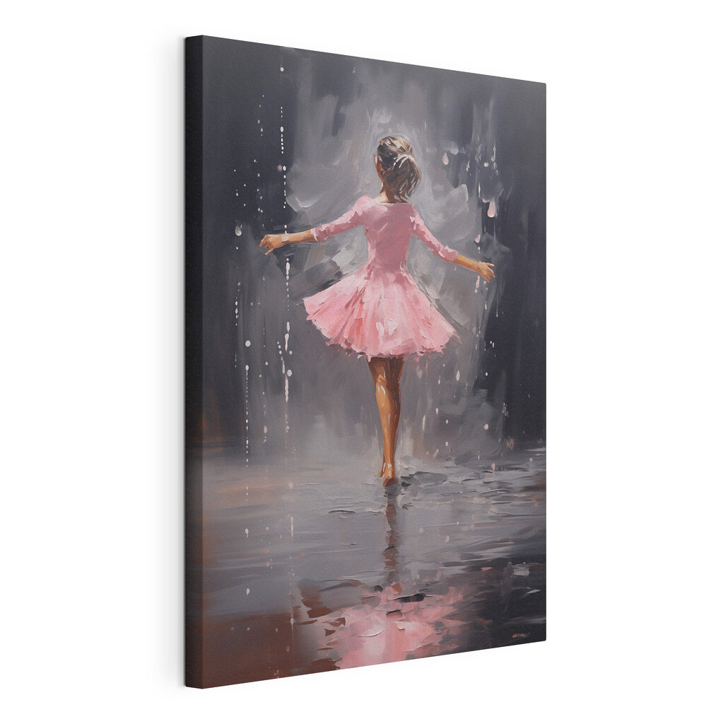 Painting of a girl in a pink dress dancing in the rain