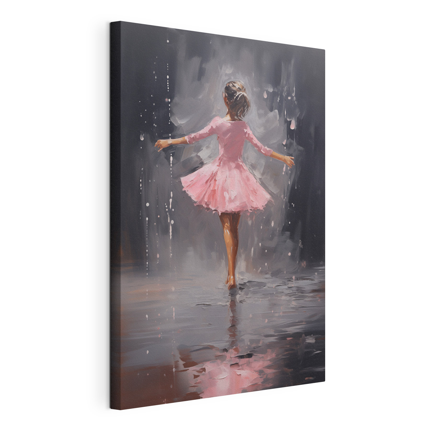 Painting of a girl in a pink dress dancing in the rain