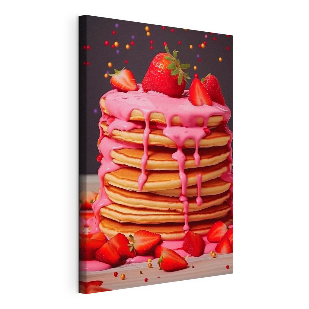 Stack of pancakes with pink frosting and strawberries