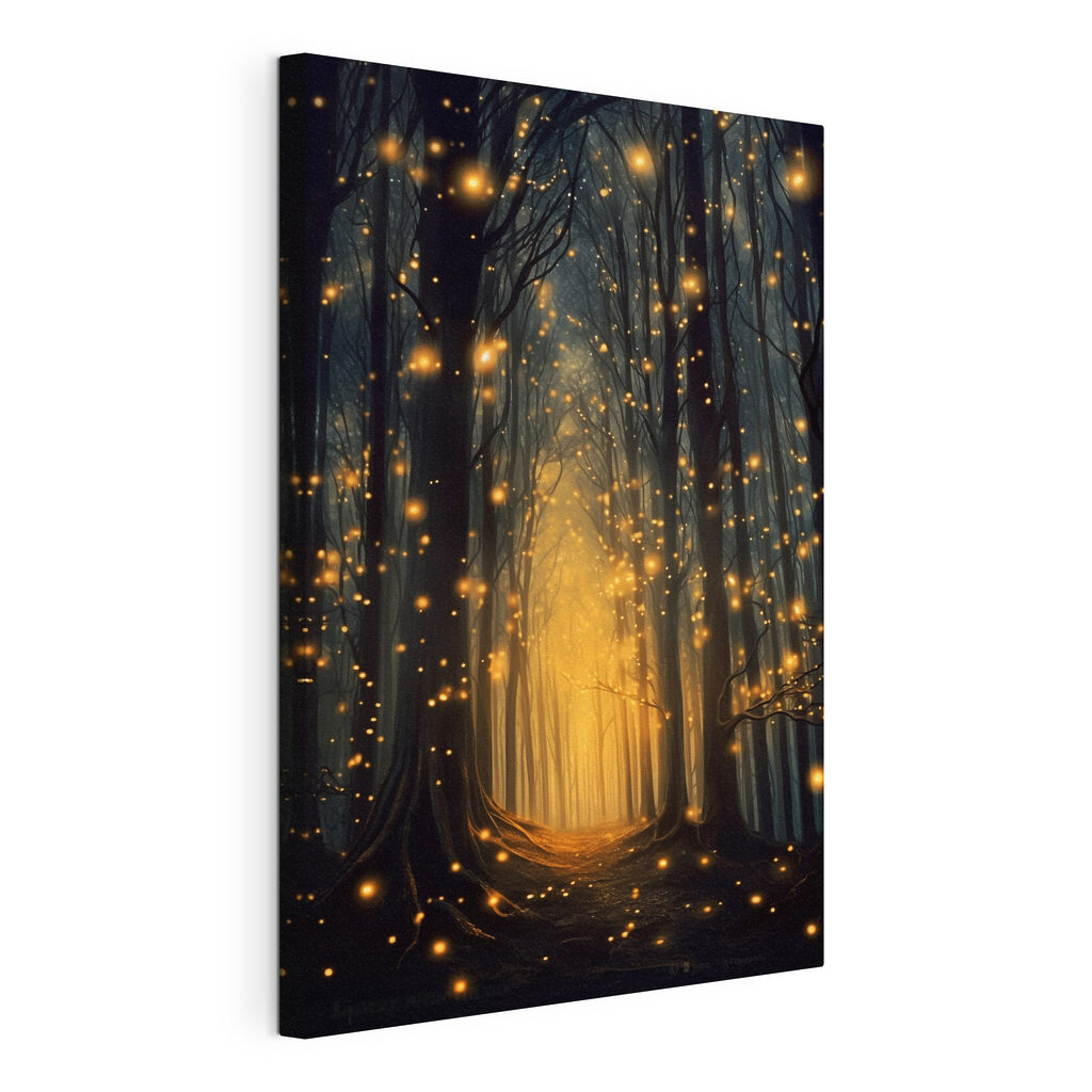 Path through a forest with many trees with lights Path through a forest with many trees with lights