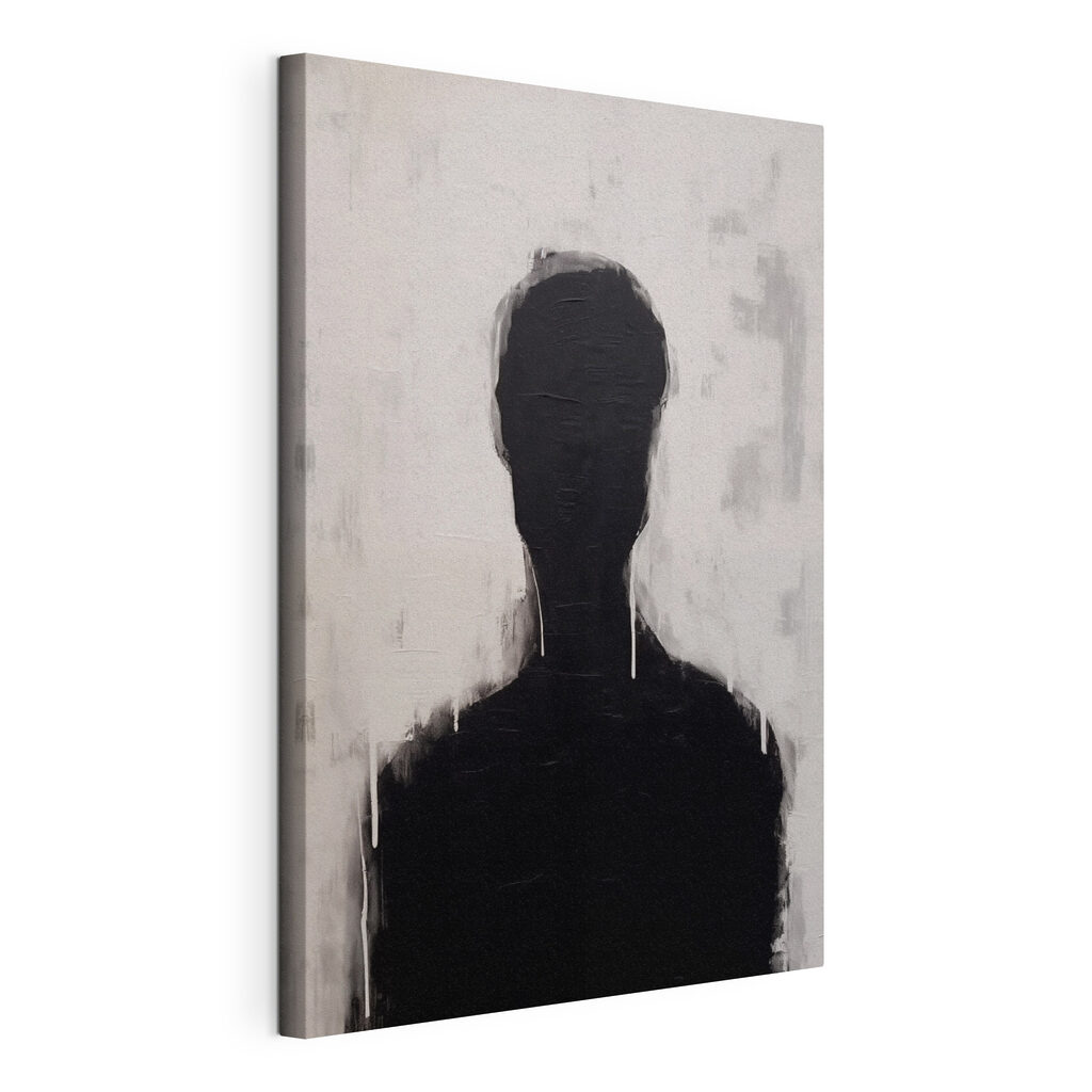 Black and white painting of a person's head